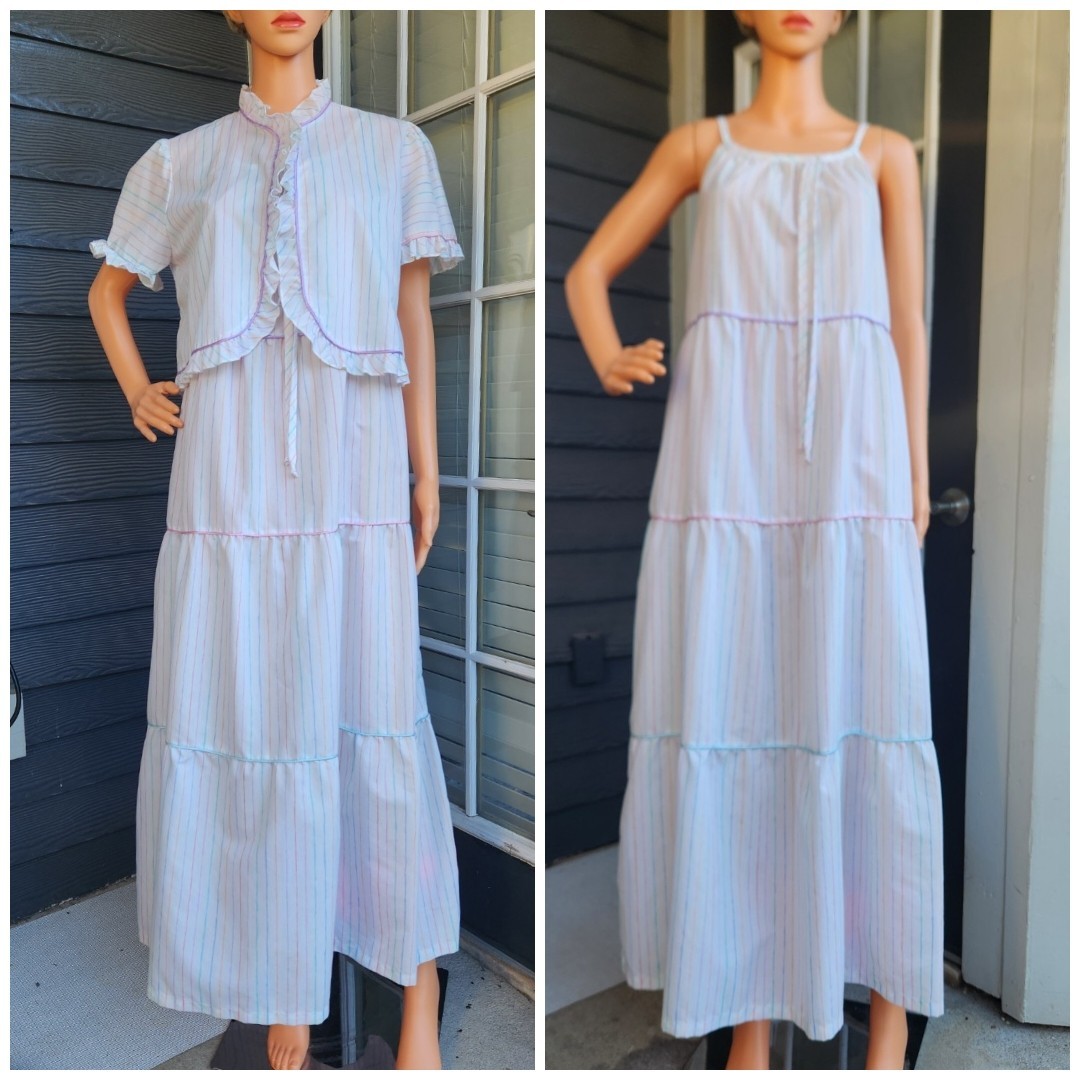 Vtg Brandywine 2-Piece Set Striped Tiered Maxi Prairie Dress & Bolero Jacket M