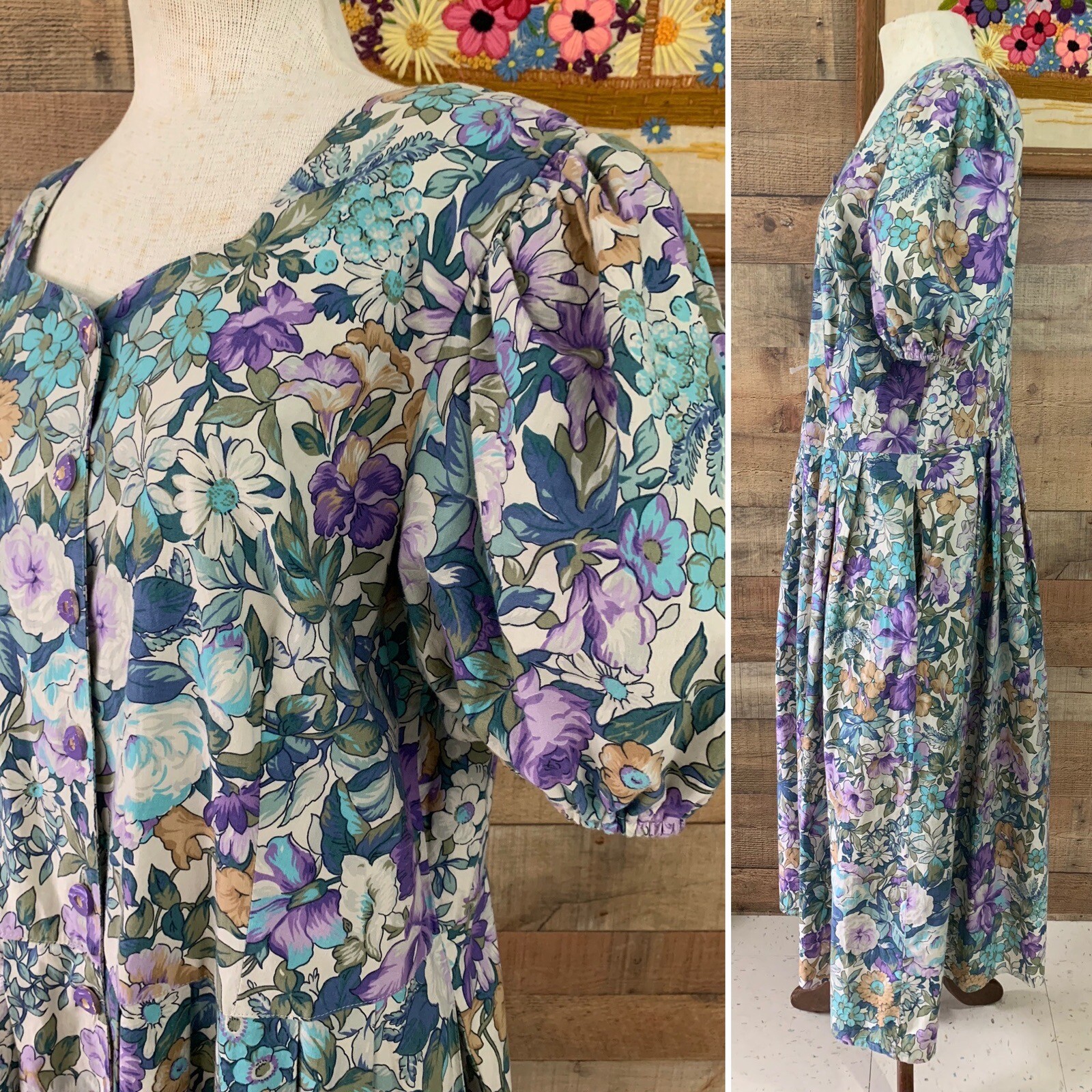 Vintage 1980’s Floral Button Front Puff Sleeve Romantic Dress Sz L/XL