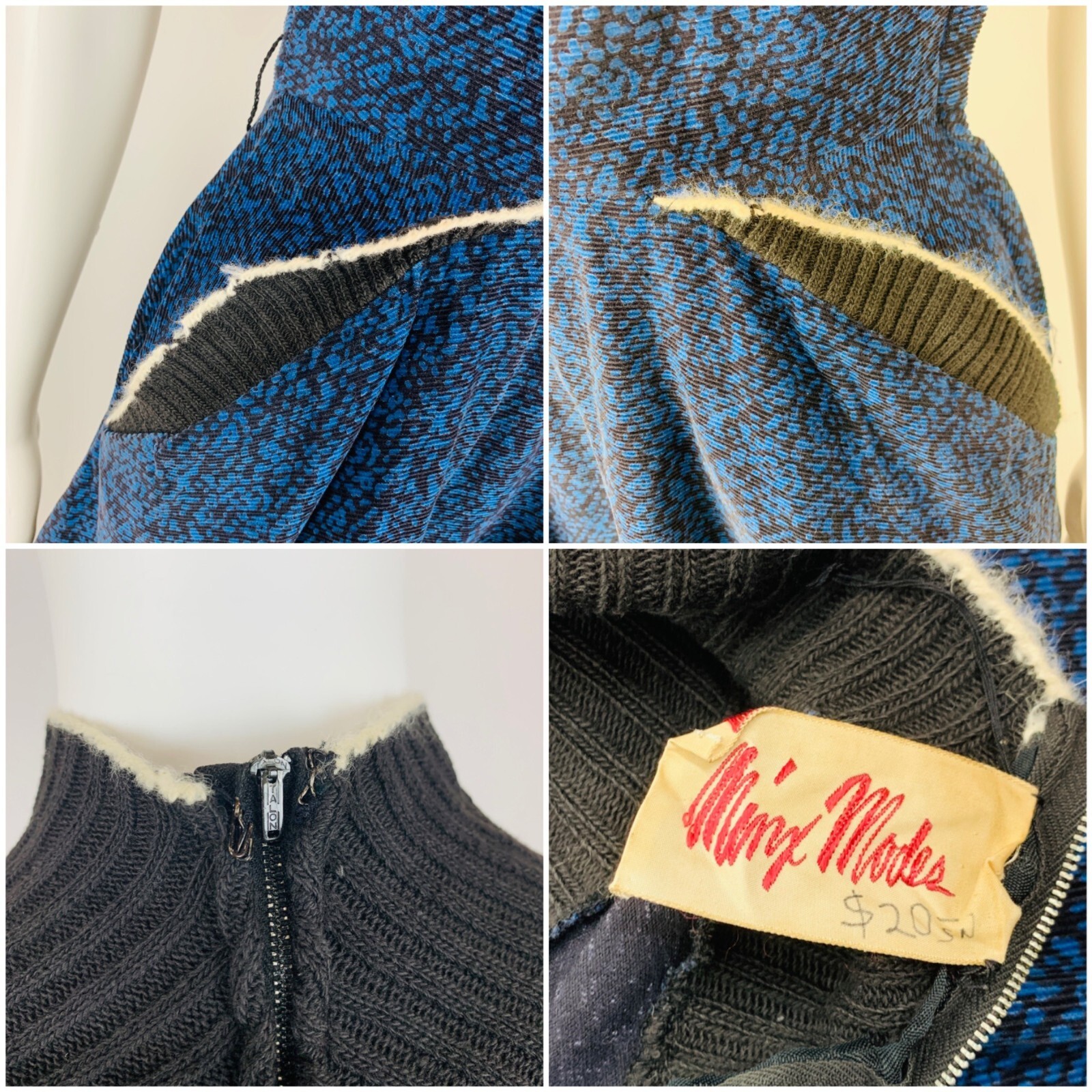 Vintage 1950s Blue Corduroy Dress Speckled Batwing Winter Turtleneck Minx Modes