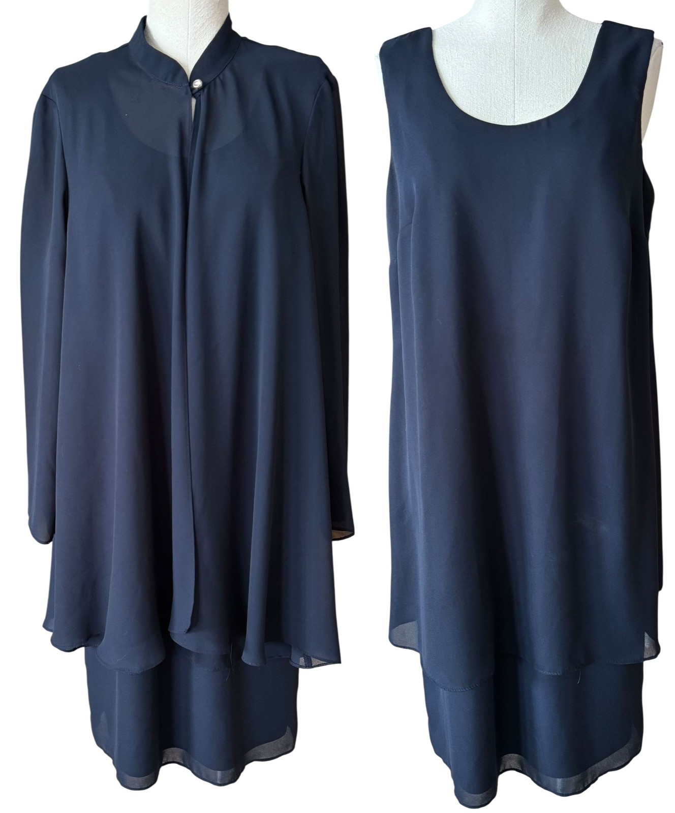 Vintage Helene Blake 2 Piece Sheath Dress Jacket Elegant Chiffon Navy Blue Sz 14