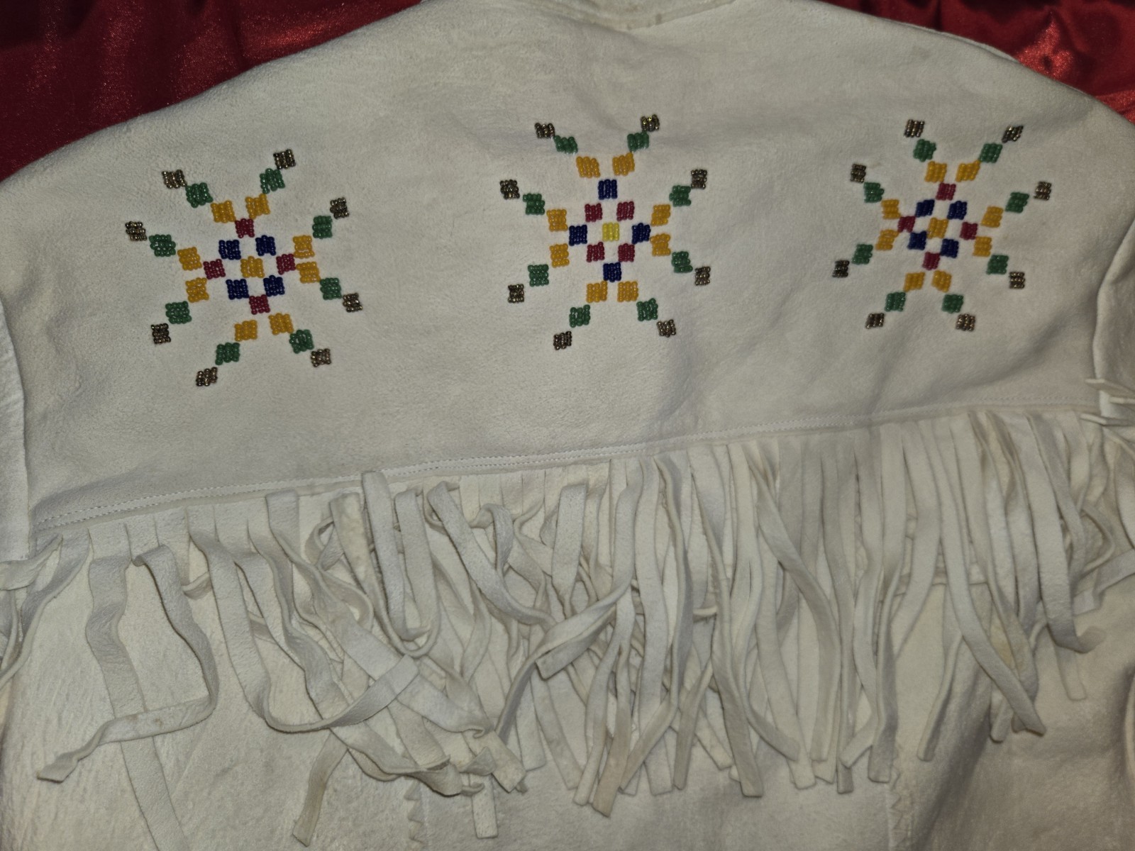 Handcrafted Vintage Native American White Elk Leather Fringed Jacket Womens S/M