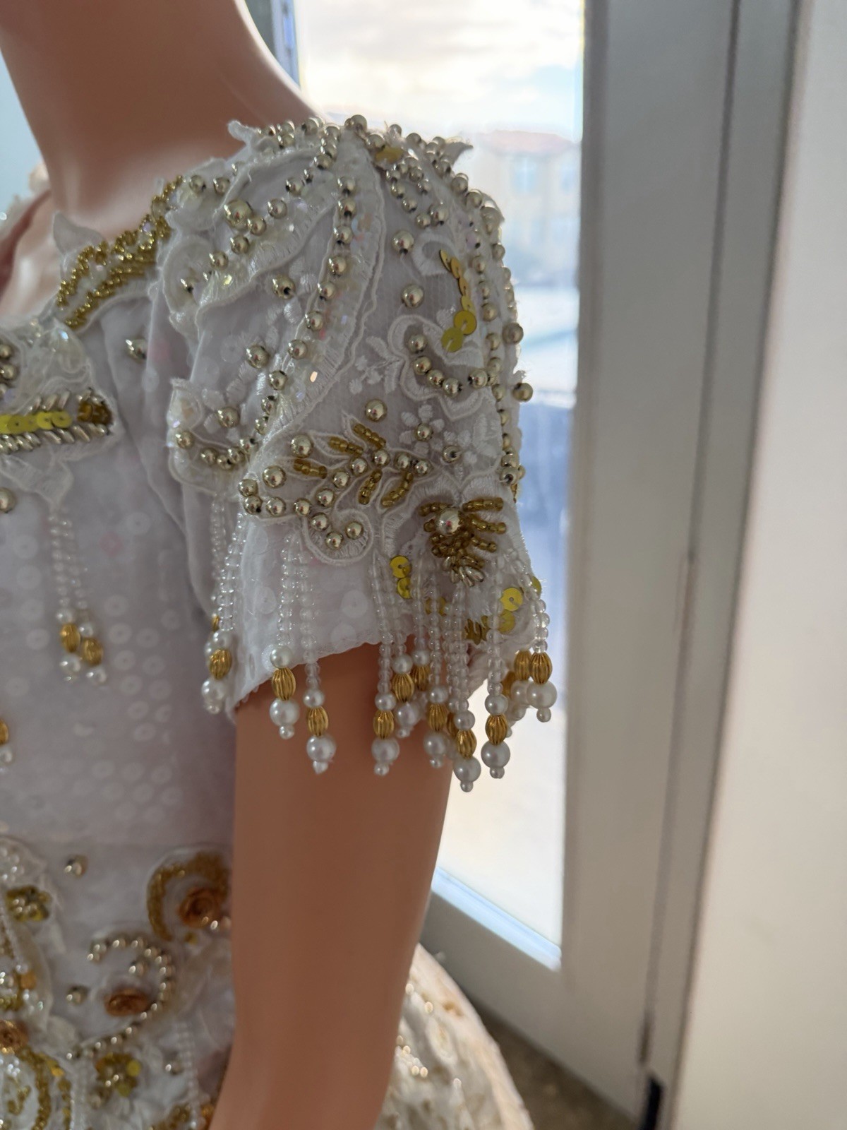 Vintage Ivory Gold Beaded Dress XS Formal Handmade Embellished Gow