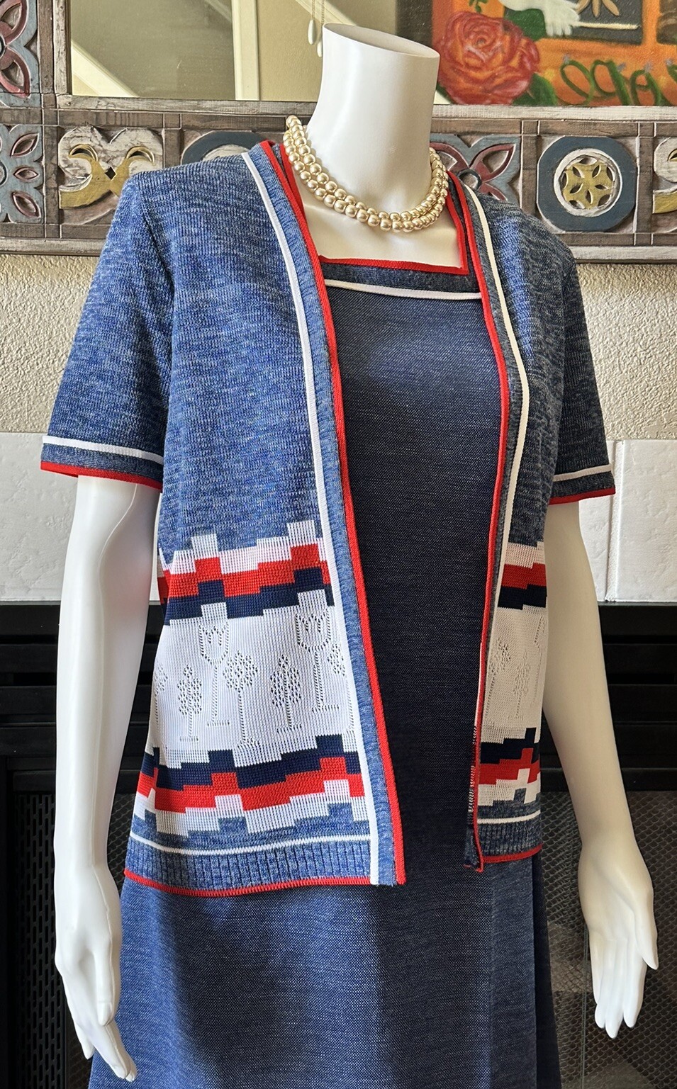 VTG 1960s Bleeker Street Drop Waist Blue Dress & Jacket XL Blue Red White