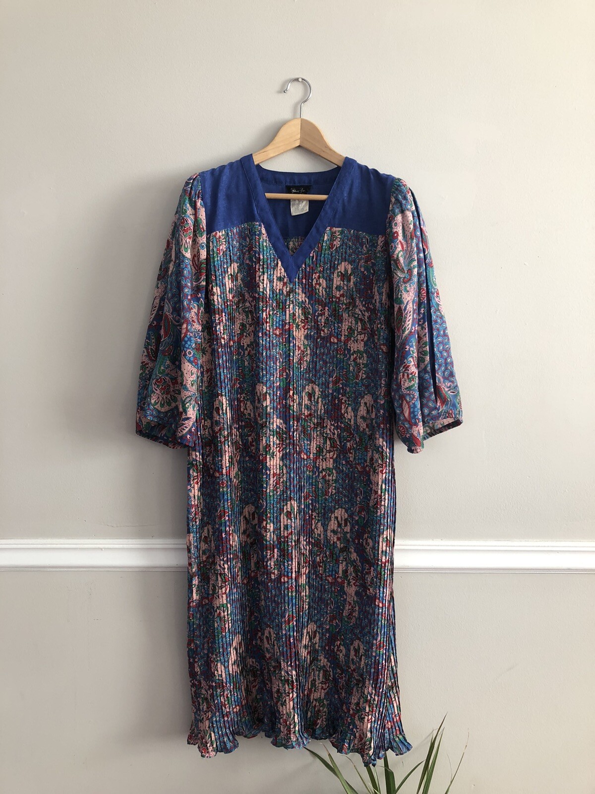 Vtg 80s DIANE FREIS Georgette Tunic Dress Paisley Puff Pleated Tent Trapeze XL