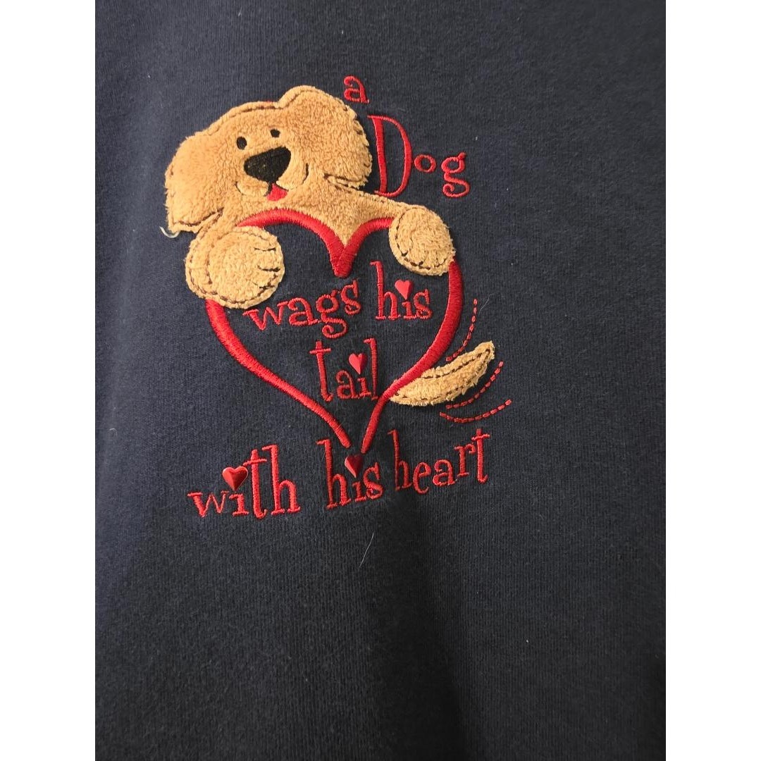 Vintage Dog Embroidered Sweatshirt Puppy Graphic Cozy Crewneck Navy Red Medium