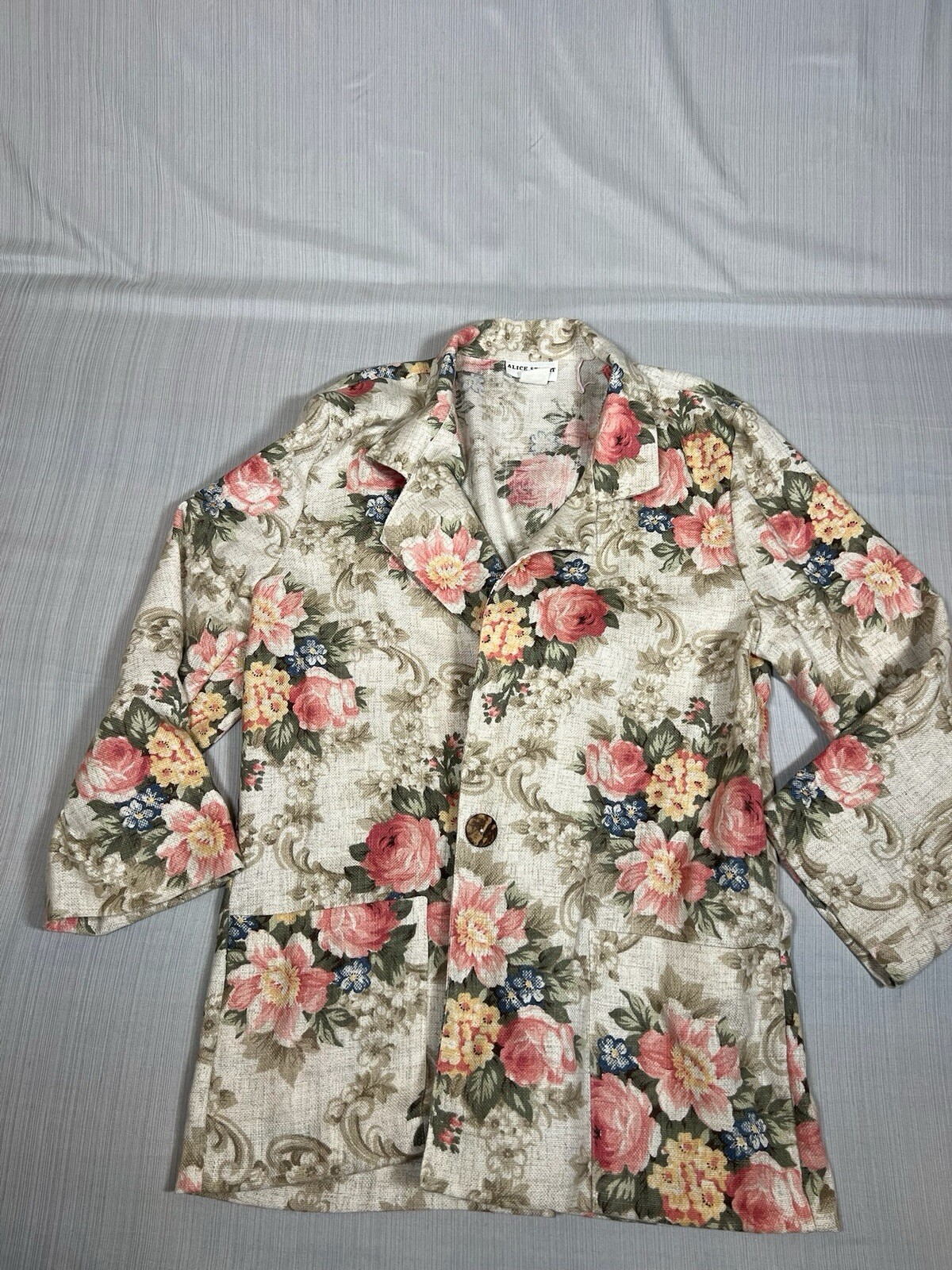 Vtg Alice Stuart Blazer Womens Small Pink Floral Linen Blend Cottagecore (A16)