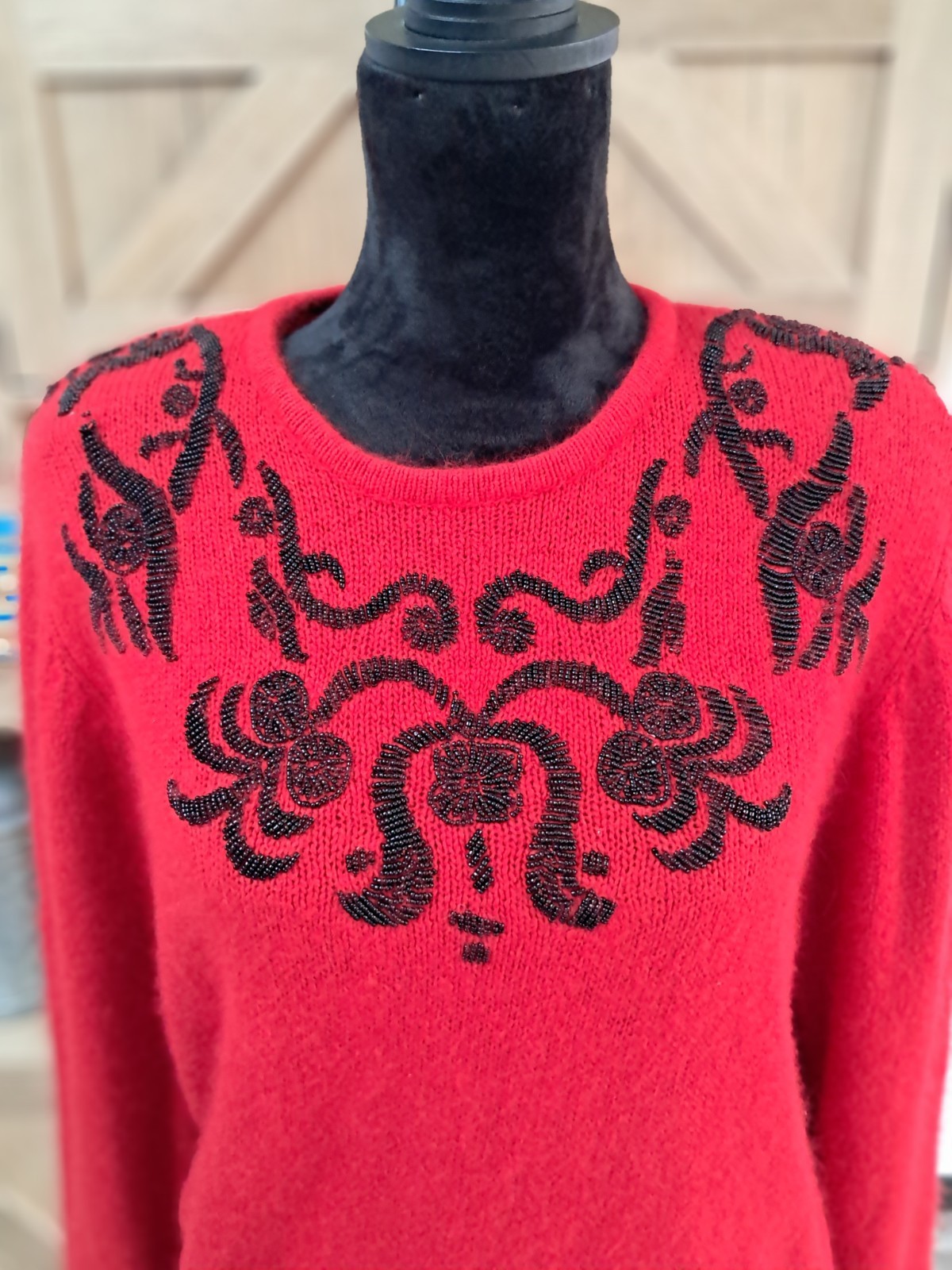 Vintage Karen Scott Red Beaded Knit Sweater Women’s Sm Silk Wool Blend Holiday