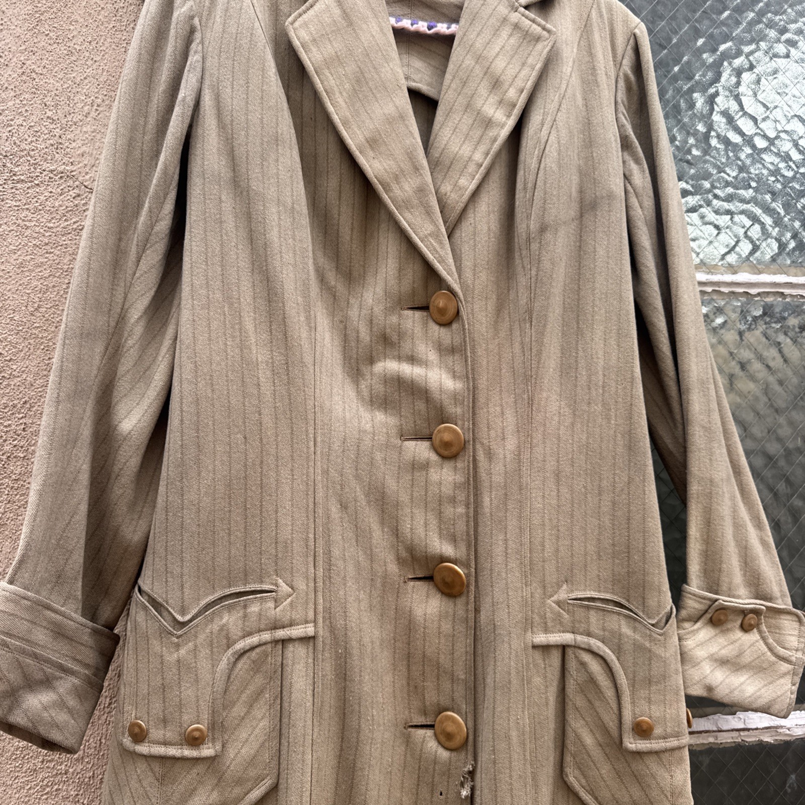 Antique Edwardian Pin Stripe Cream Coat Celluloid Buttons Darting Dress Jacket