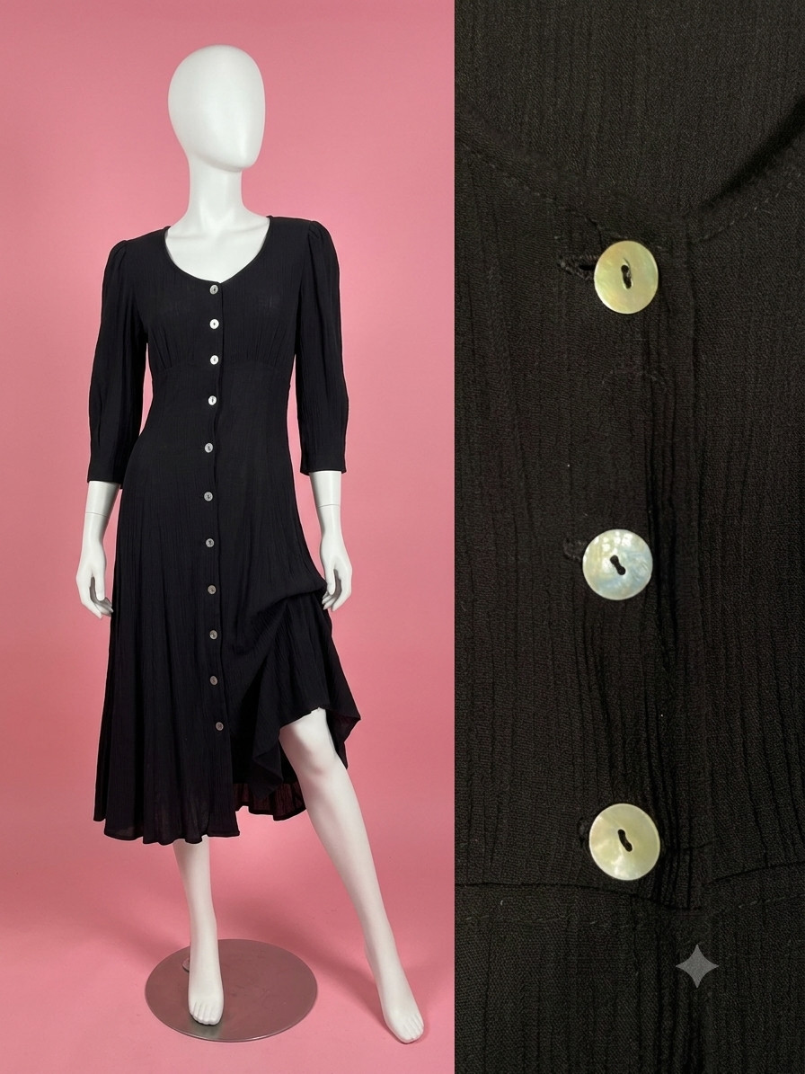 Vintage 1990s Button Front Black Midi Dress Made In USA Size M