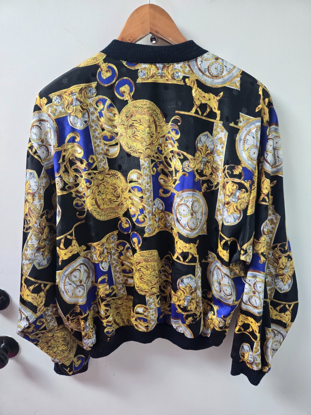 Vintage 1990s Silky Bomber Jacket Clock Rococo Baroque Papell Too L