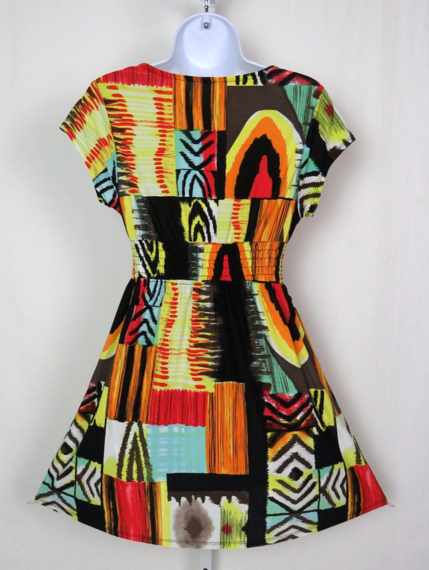 VTG 1990s MOD ABSTRACT COLOR BLOCK STRETCH DRESS OVERLAP BUST 30″ to 36″