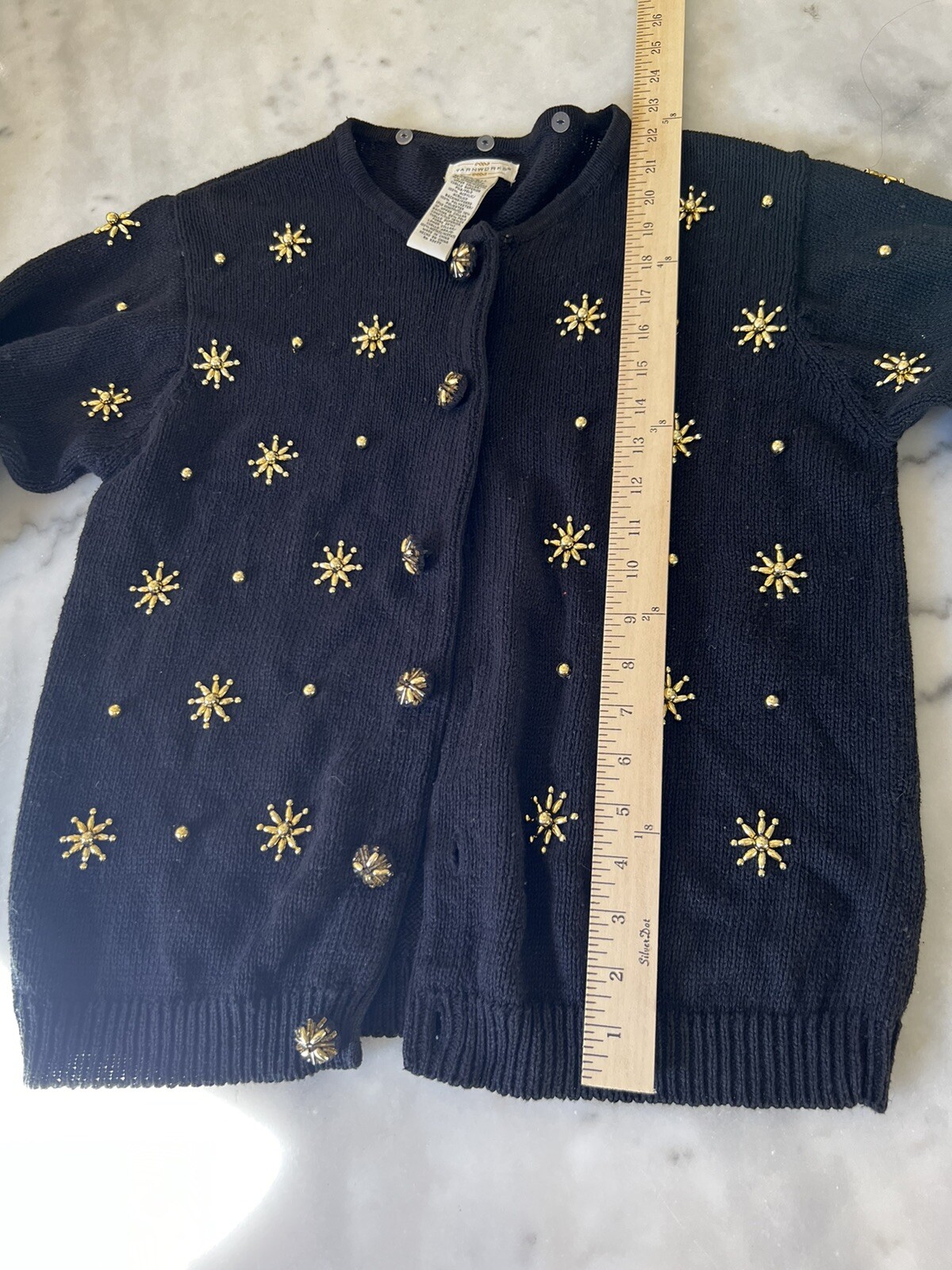 VTG YARNWORKS BLACK Xmas Sweater GOLD Stars Size Small