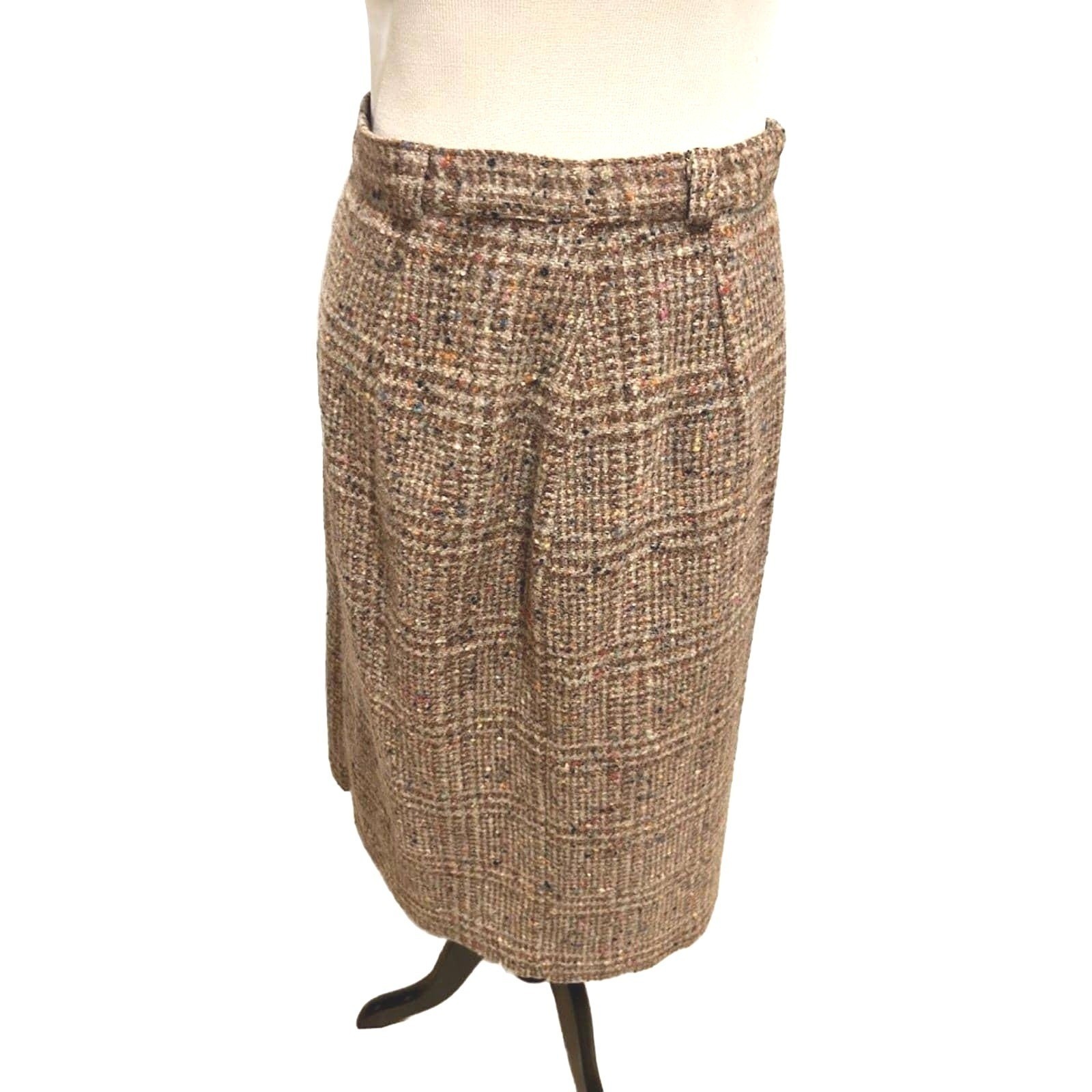 70’s Vintage Brown Tweed Glen Plaid Pencil Skirt Multi Color Confetti Fleck Midi