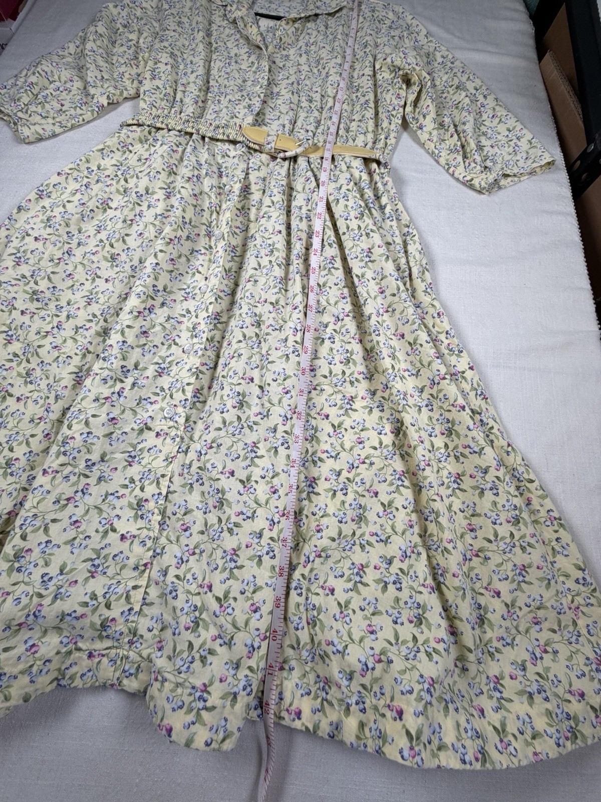 Vintage 90s Floral Shirt Dress Cottagecore Yellow Blueberry Midi Belted M/L USA