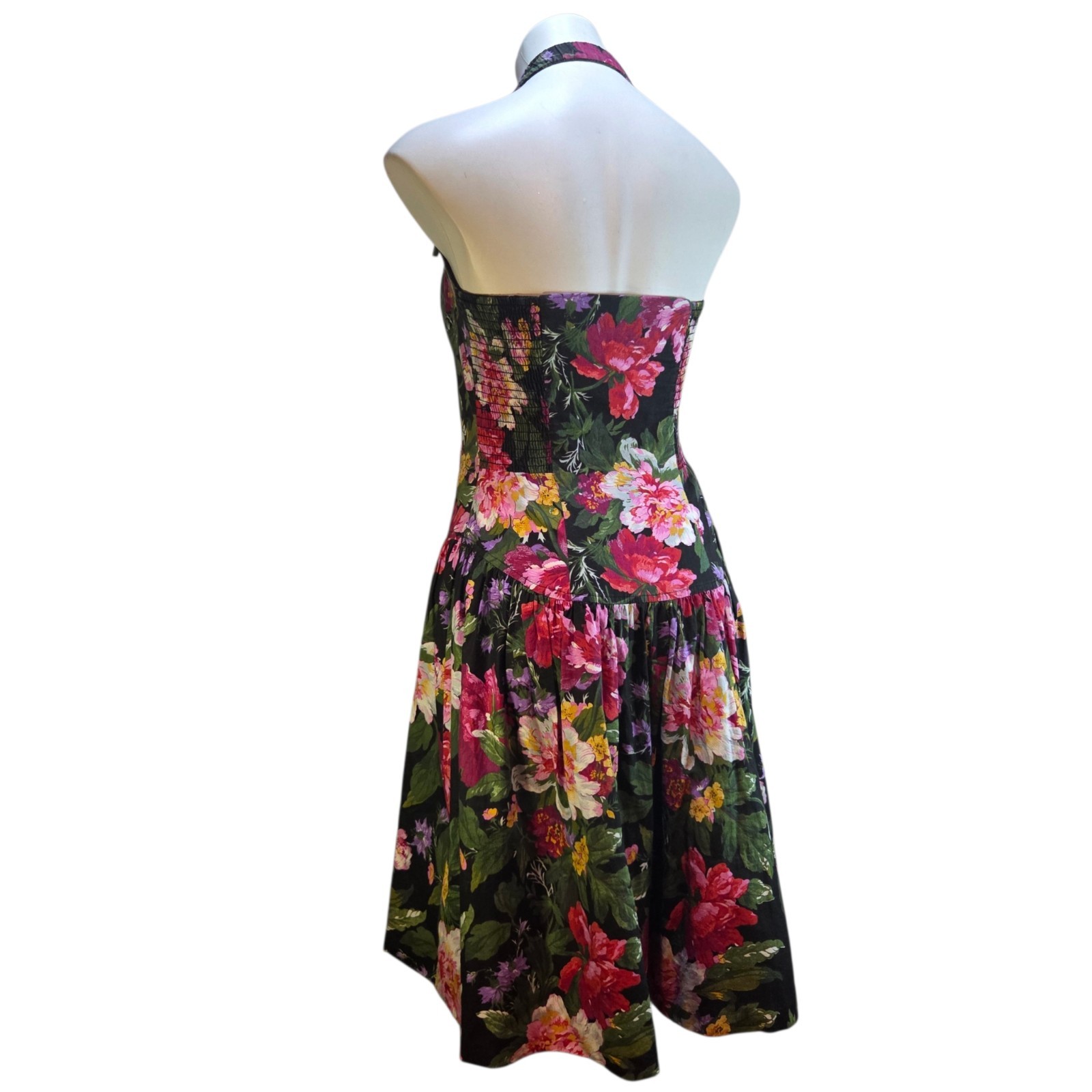 1980s Dark Floral Halter Dress Small / Medium Crinoline Lining Vintage Floral