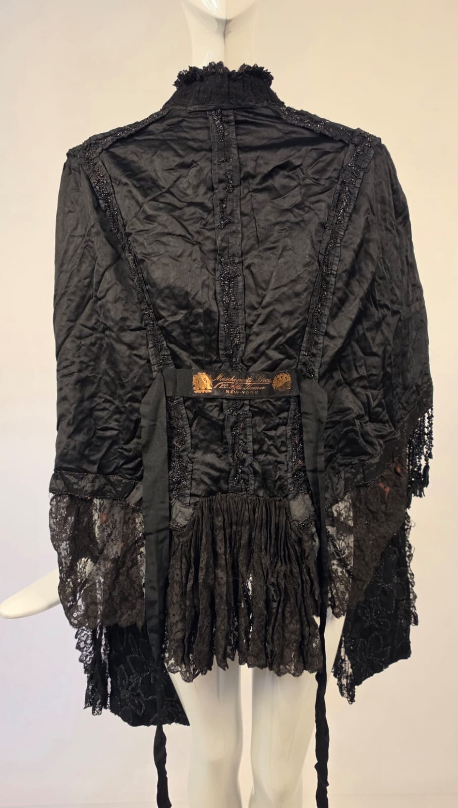 VICTORIAN 1870’S BLACK FLORAL SILK BUSTLE BACK CAPE W JET BEADING + LACE TRIM