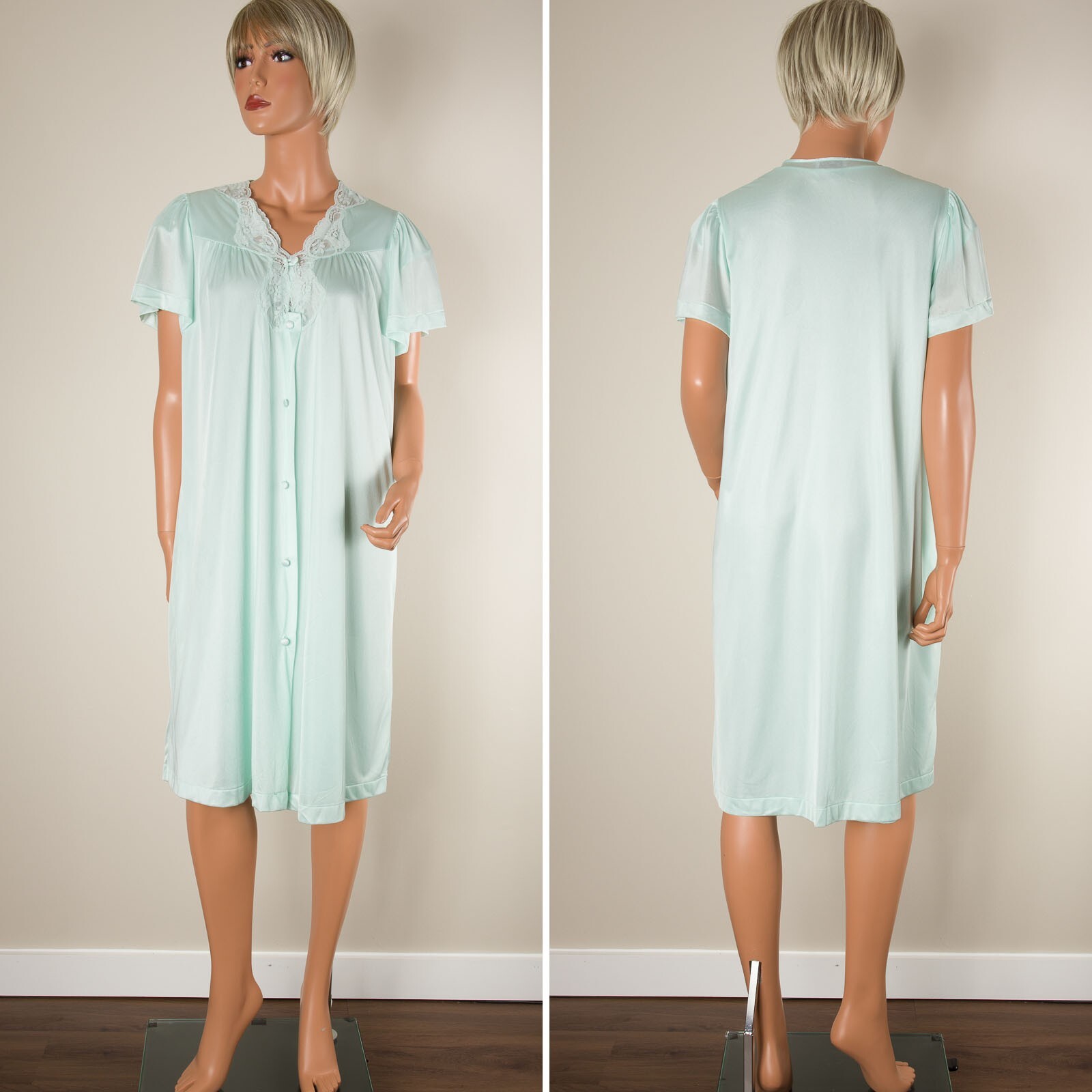 💖 VTG GILEAD Light Green Robe & Nightgown Set Nylon Lace Robe Sz S Gown Sz M