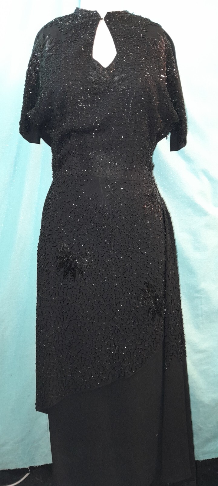 Vtg 1940s Rayon Crepe ENCRUSTED Beaded Black Evening Cocktail Long Sash Dress M