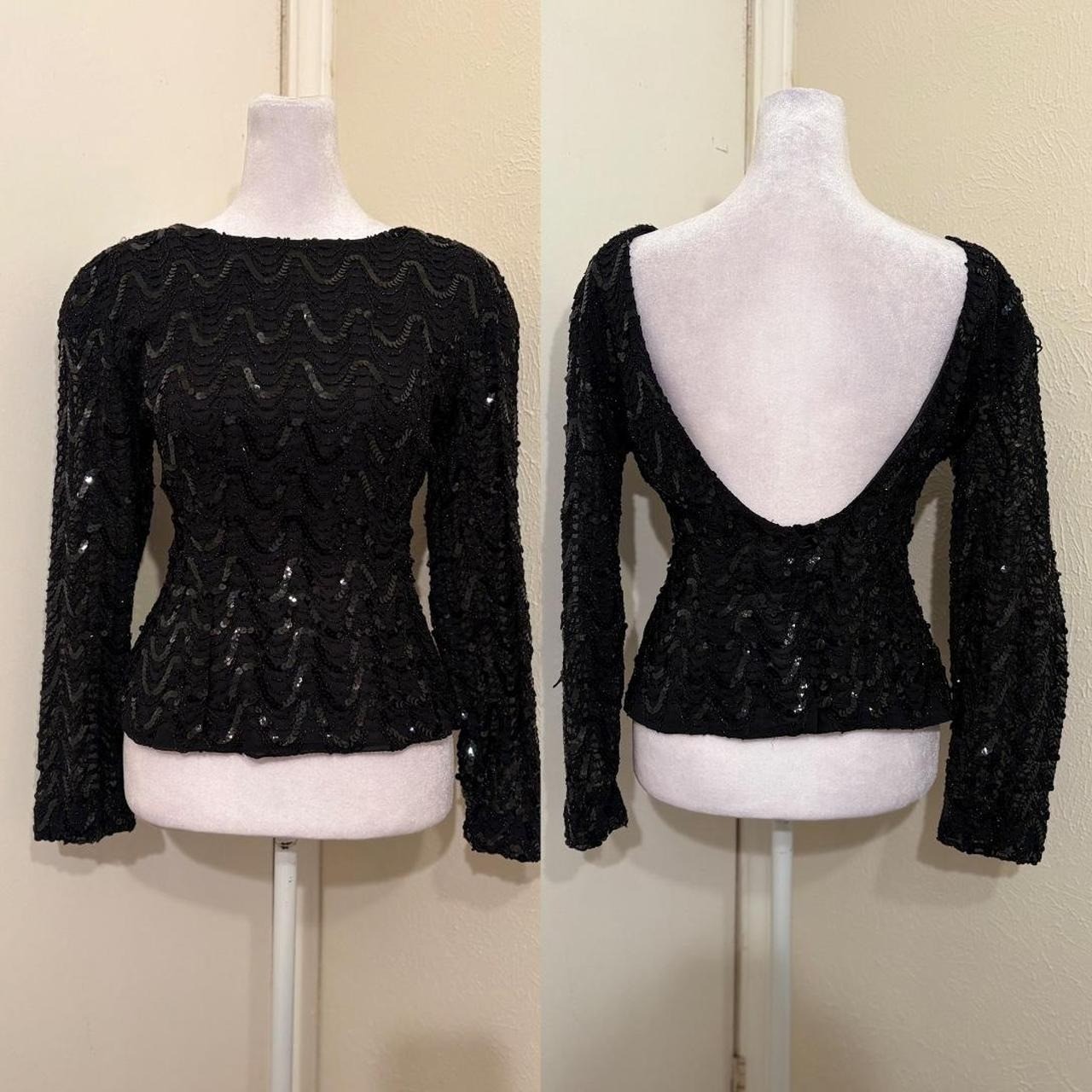 80s Vintage Black Sequin Backless Scoop Back Sheer Long Sleeve Blouse Size 10