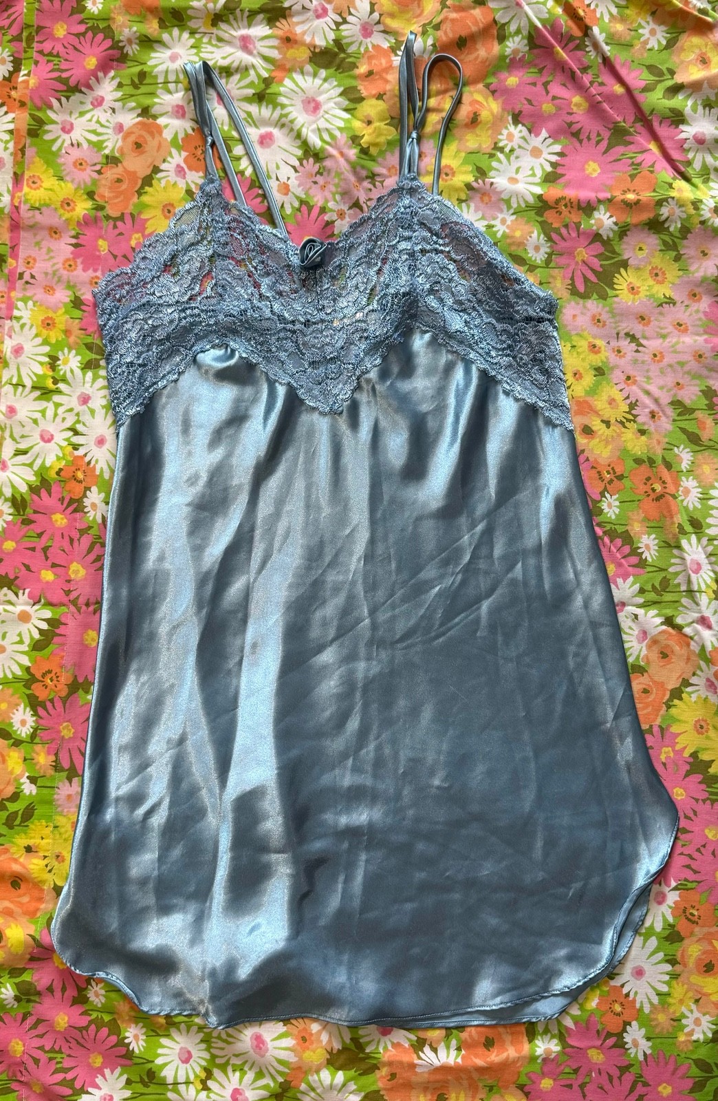 Vintage 90s Silky Satin Slippery Lingerie Lace Rose Baby Doll Blue Slip Dress S