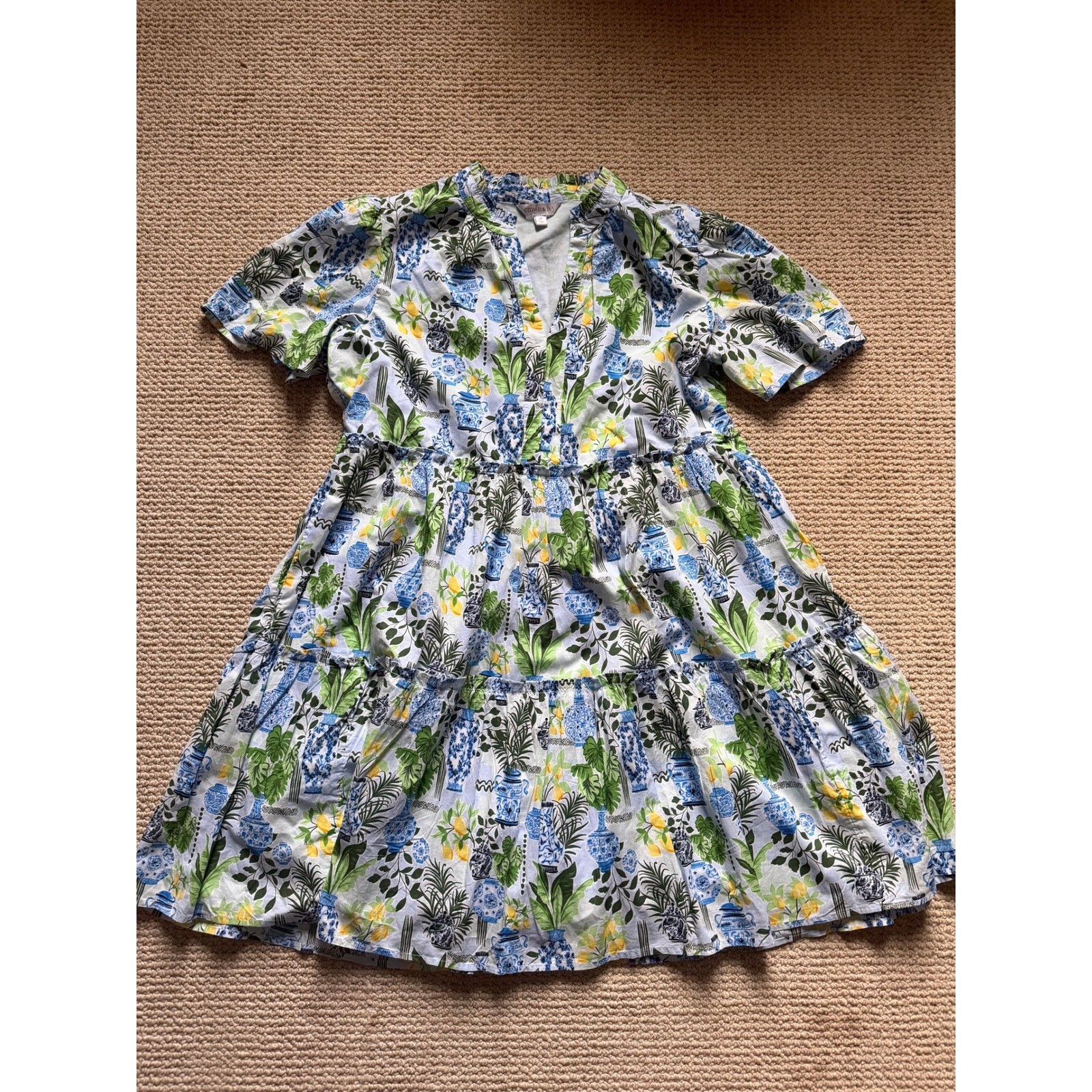 Crown & Ivy Blue & Green Chinoiserie Vase Tiered Ruffle Dress Size M 100% Cotton