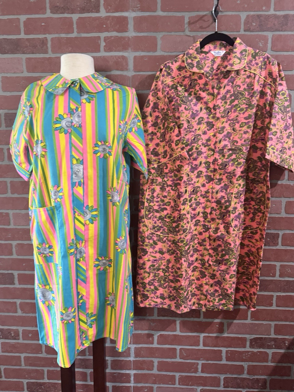 Vtg 60’s Lot 2 Mod Granny House Coat Robe Snap Cotton Dress Med