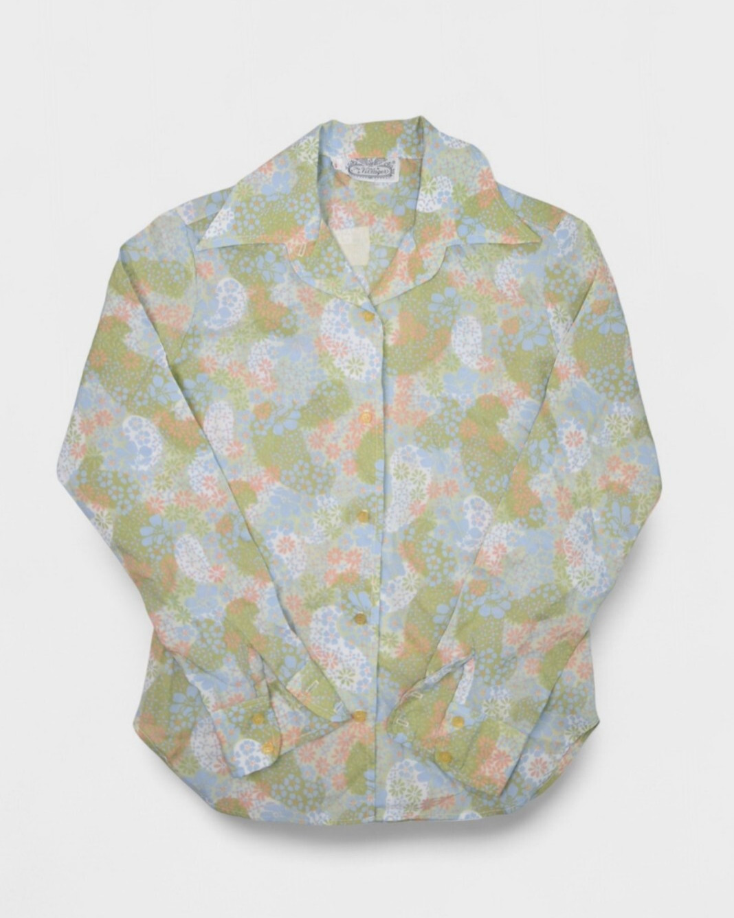 Vintage 70s Blouse Womens S 6 Floral Button Up Hippy Dagger Collar Flower Power
