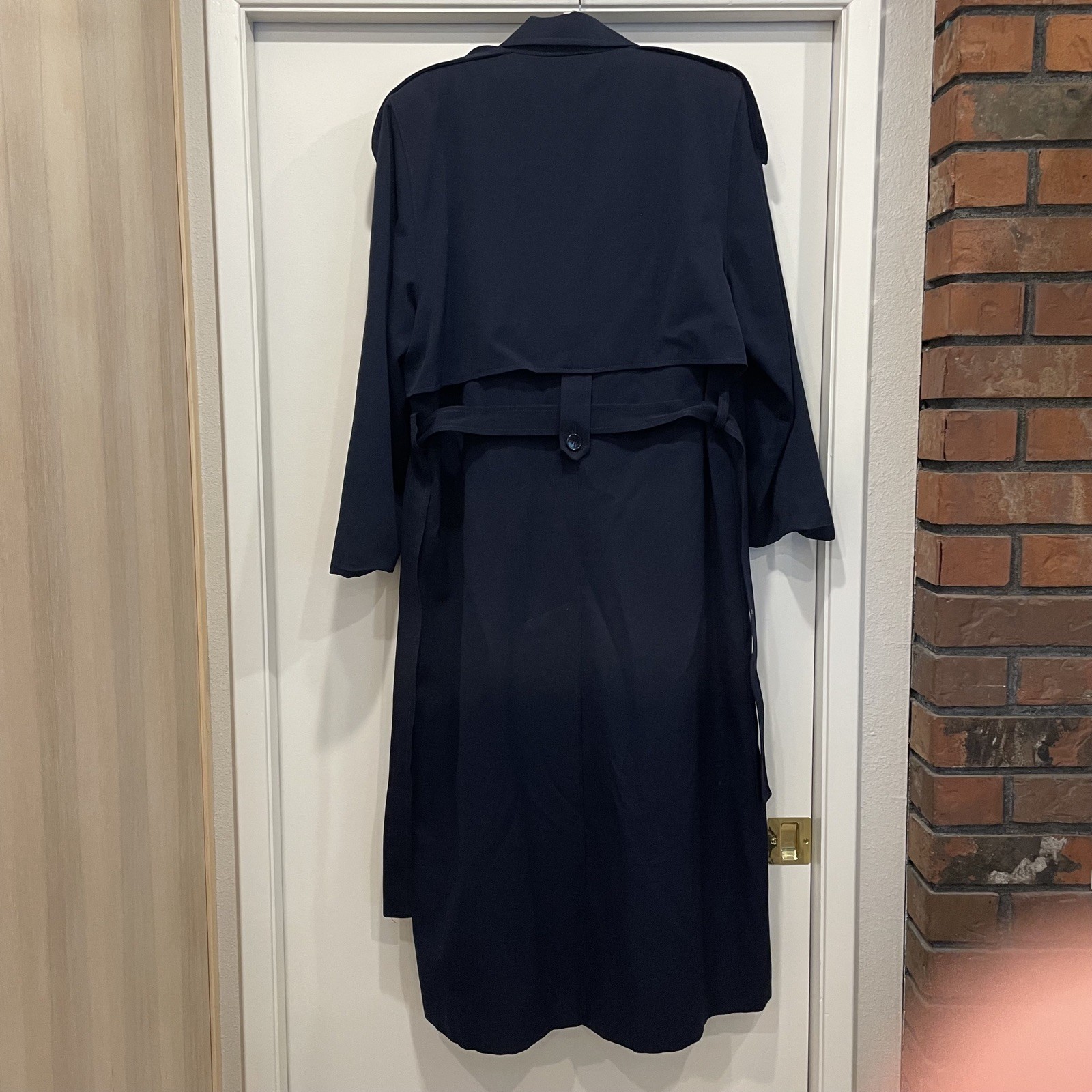 Vtg 90s Woman’s Size 14 LONG Navy 100% Wool Trench Coat Sara Roberts CLASSIC