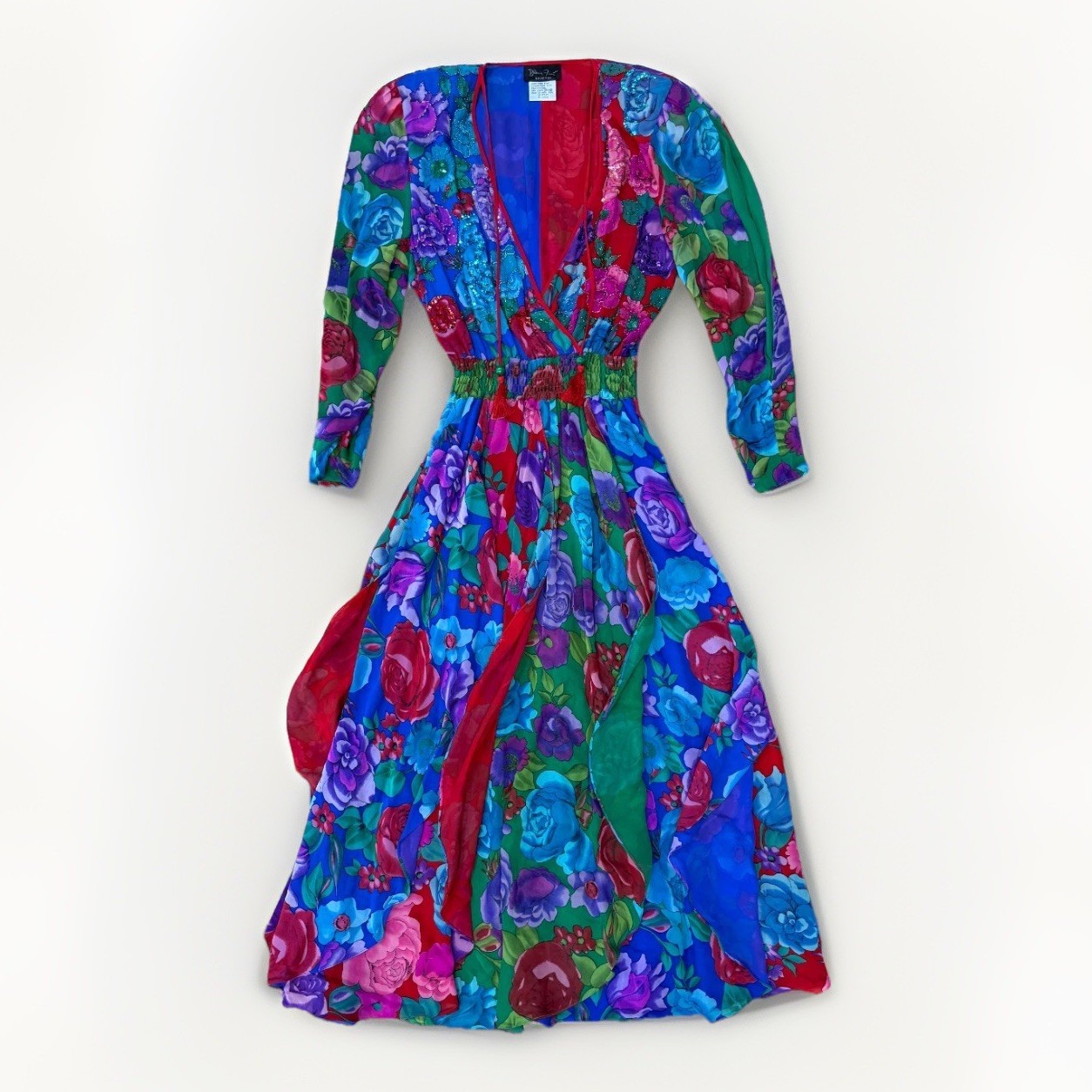 Diane Freis Original Silk Dress Beaded Floral Boho Vtg Hong Kong