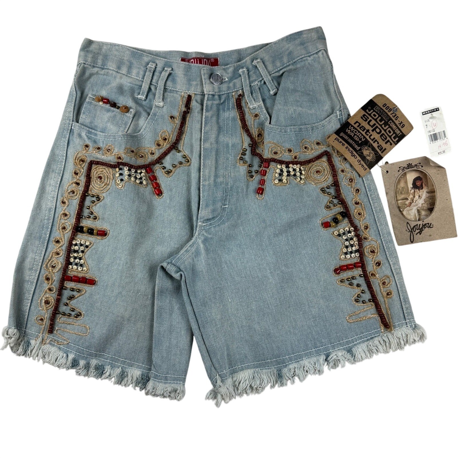 Joujou Vintage 90s Beaded Embroidered Denim Shorts Light Wash Boho Size 7/8