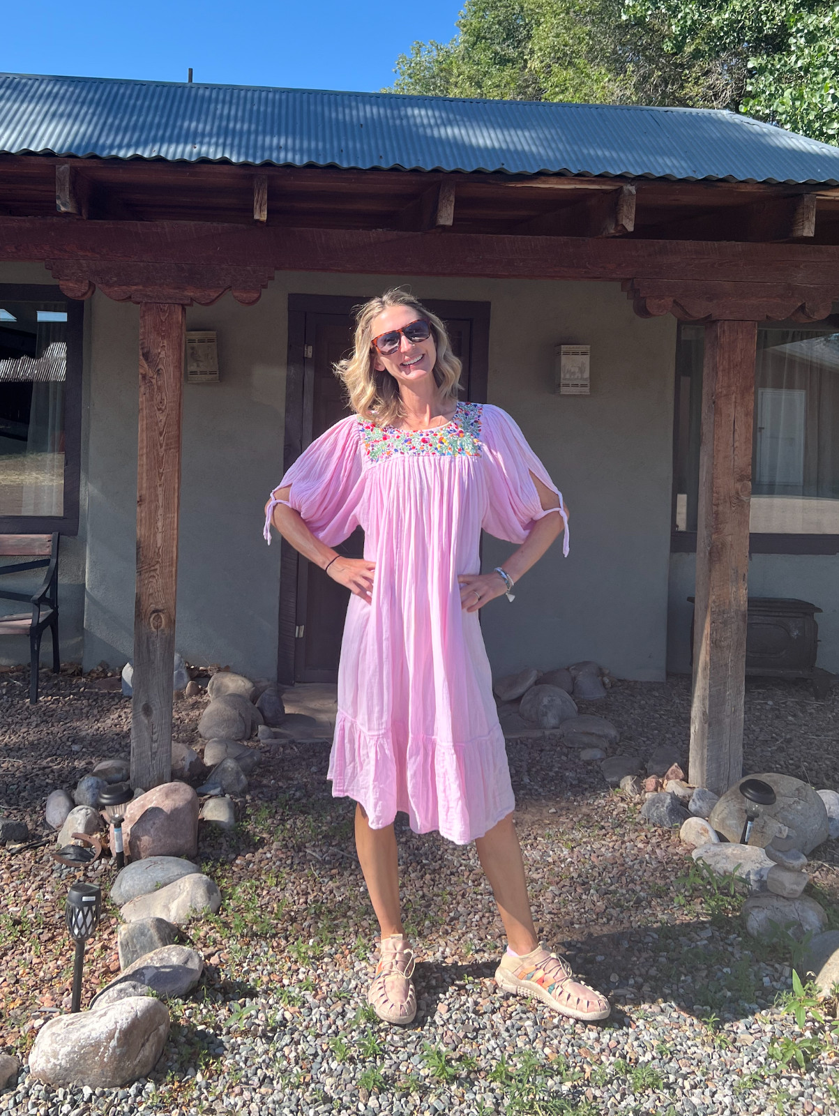 Vintage Oaxaca Mexican Hand Embroidered Floral Cotton Gauze Dress Hippie Boho