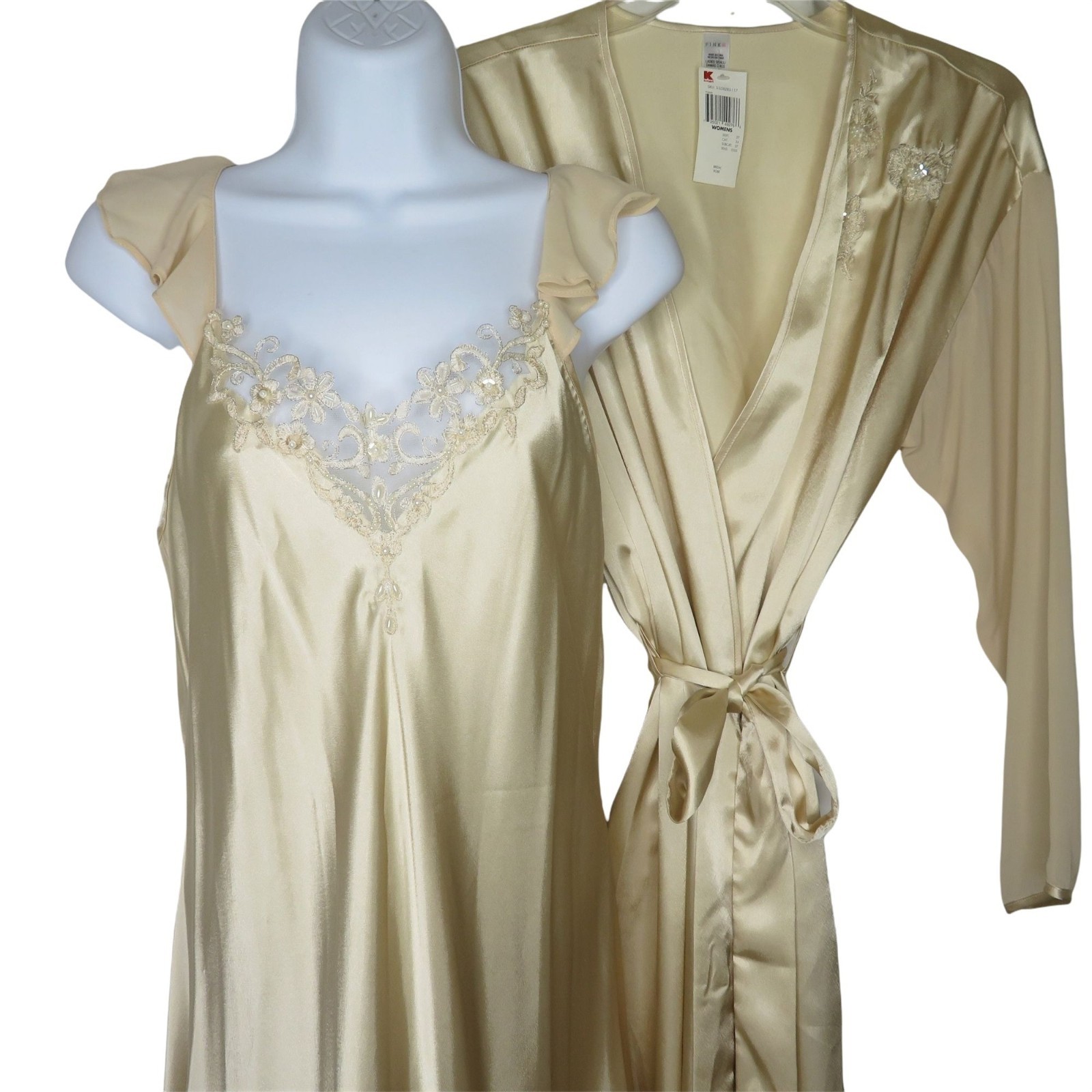 Vintage 90s Y2K Pink Bridal Gown Robe Peignoir Set Beige Lace Small Honeymoon