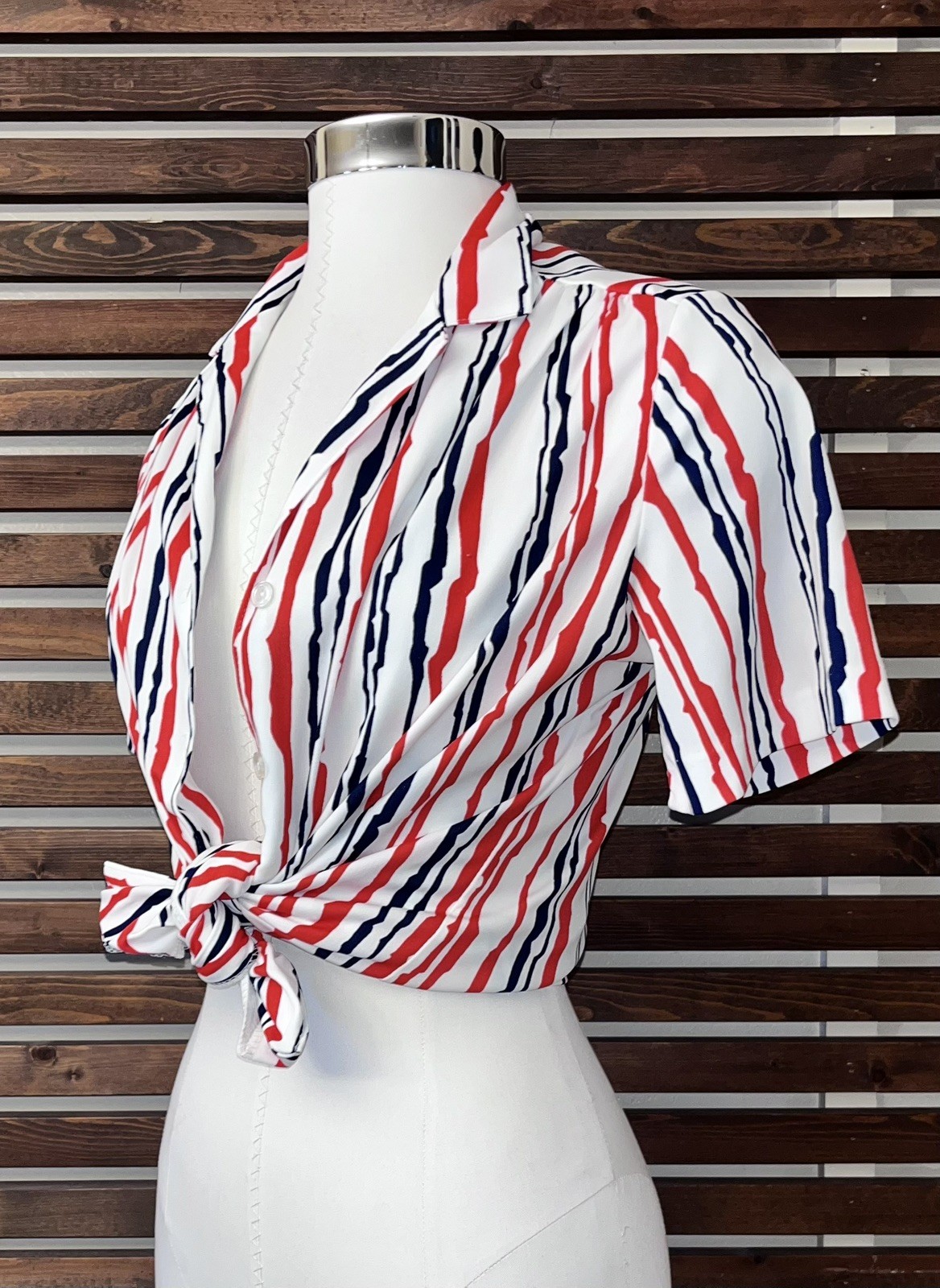 1970s 70s Vintage Red Blue White Striped Button Short Sleeve Graff Blouse Shirt