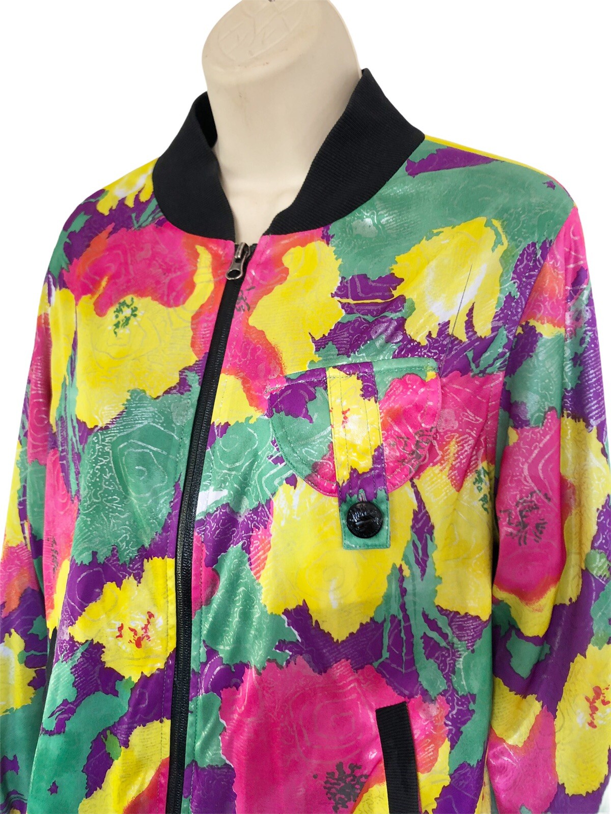 Vintage Hellz Bellz 80s 90s Sz L Pink Purple Green Floral Zip Up Bomber Jacket