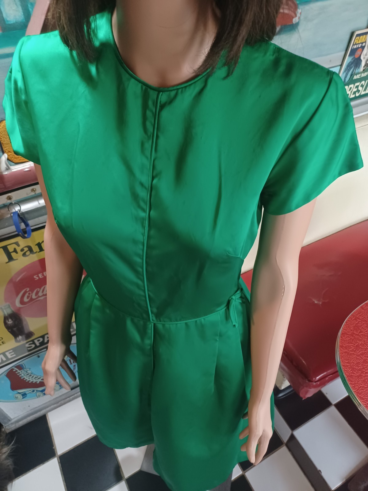 VTG Mid-century 40s 50s 60s Emerald Green Satin Cocktail Party Dress M Crinoline