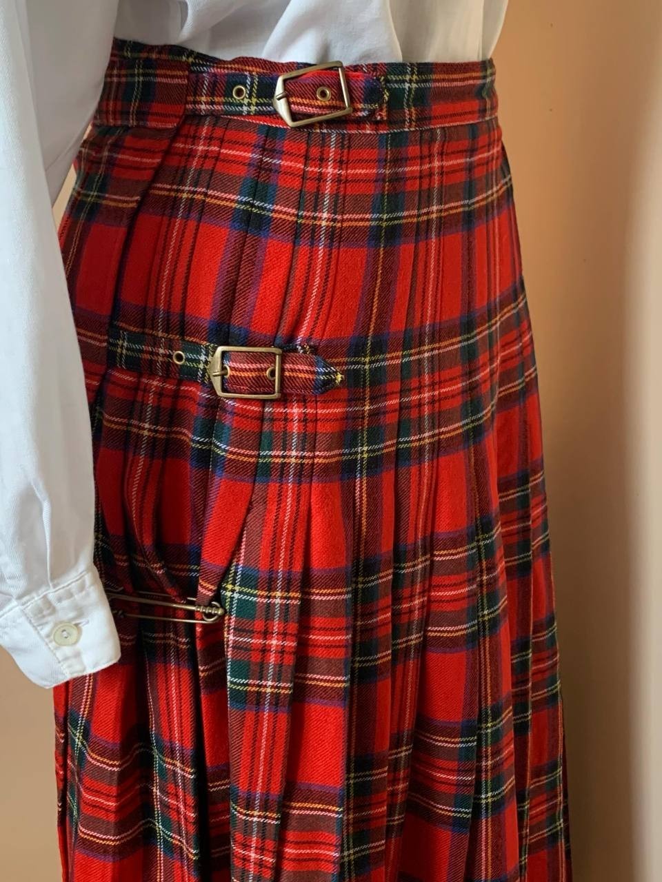 Vintage HIRSCH Scottish Kilt Skirt Pure New Wool Red Tartan Plaid Pleated EU 38