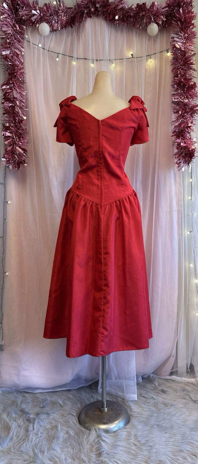 Vintage 80s Party Dress Red Puff Sleeves Bows Knee Length Prom New Wave M