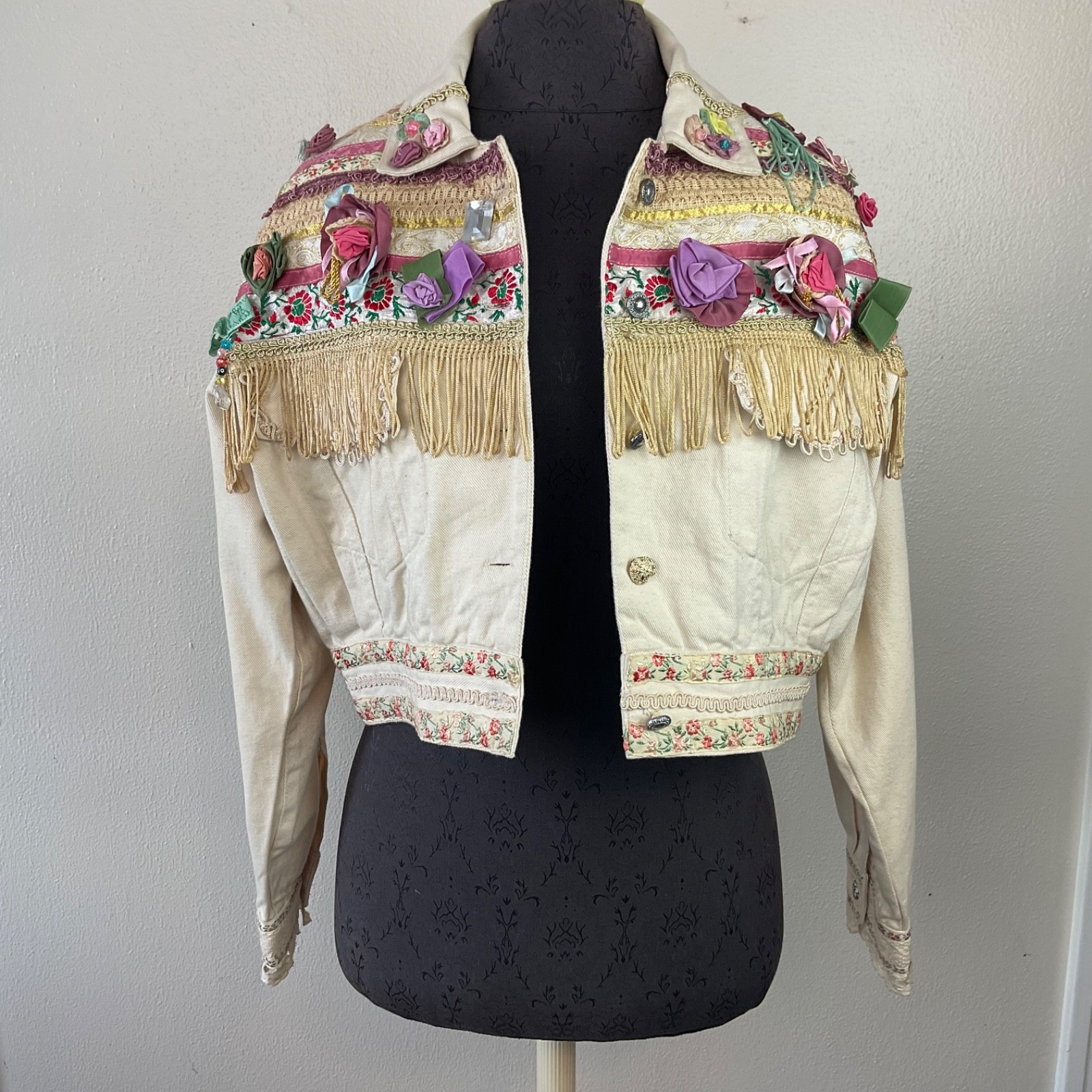 Vtg 90’s Joujou Cream Cropped Denim Jacket Lace Ribbon Tassels Embellished Sz M