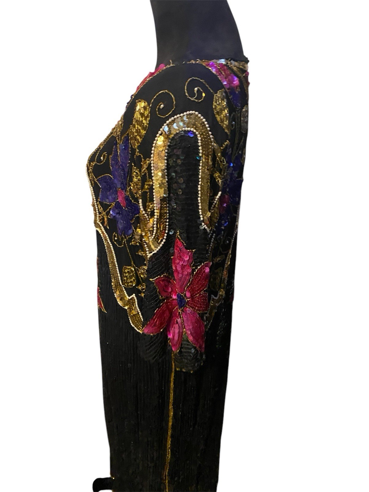 Vintage Chanson D’Amour Womens Dress sz L Black 100% Silk Sequin Beaded 80s