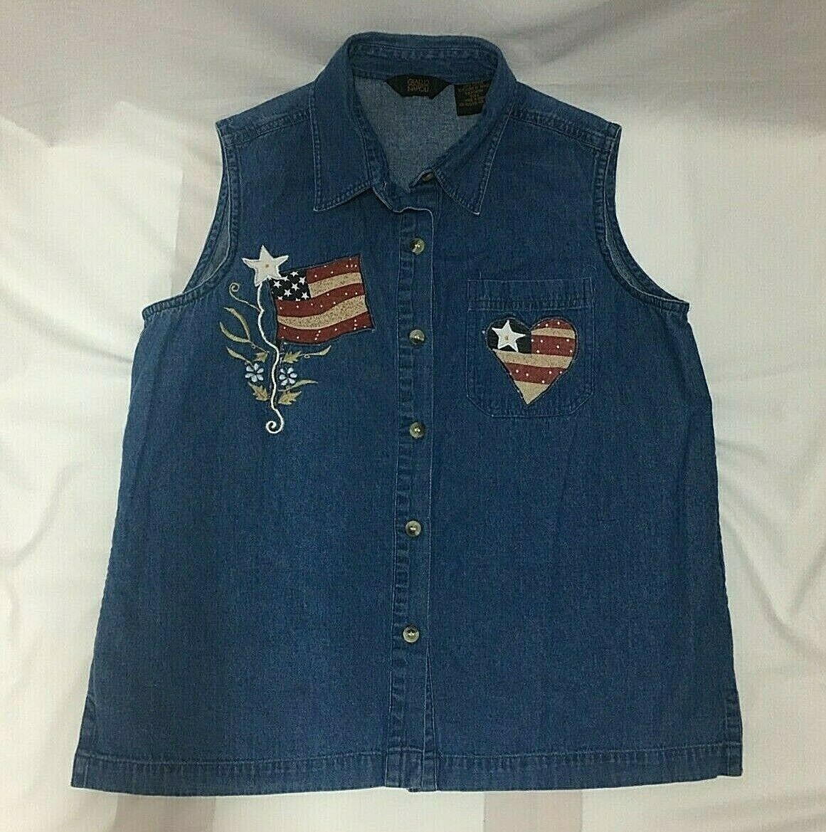 WOMEN’S DENIM PATRIOTIC BLOUSE SLEEVELESS FOLK USA FLAG 90S GIALLO NAPOLI SZ L