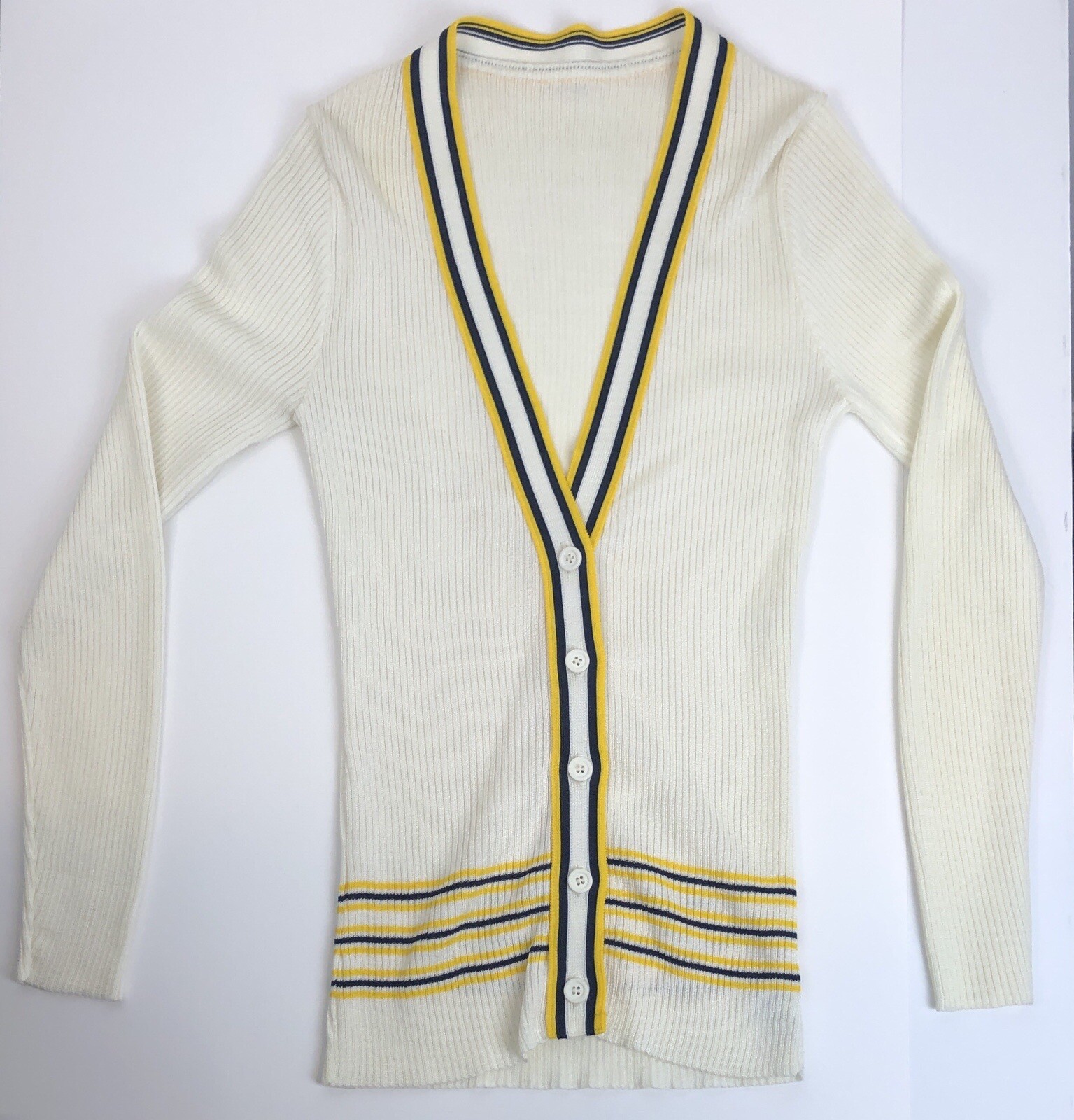 Vtg MCM Women’s Knit Cardigan Sweater Collegiate Prep Cream Navy Gold Stripes 8