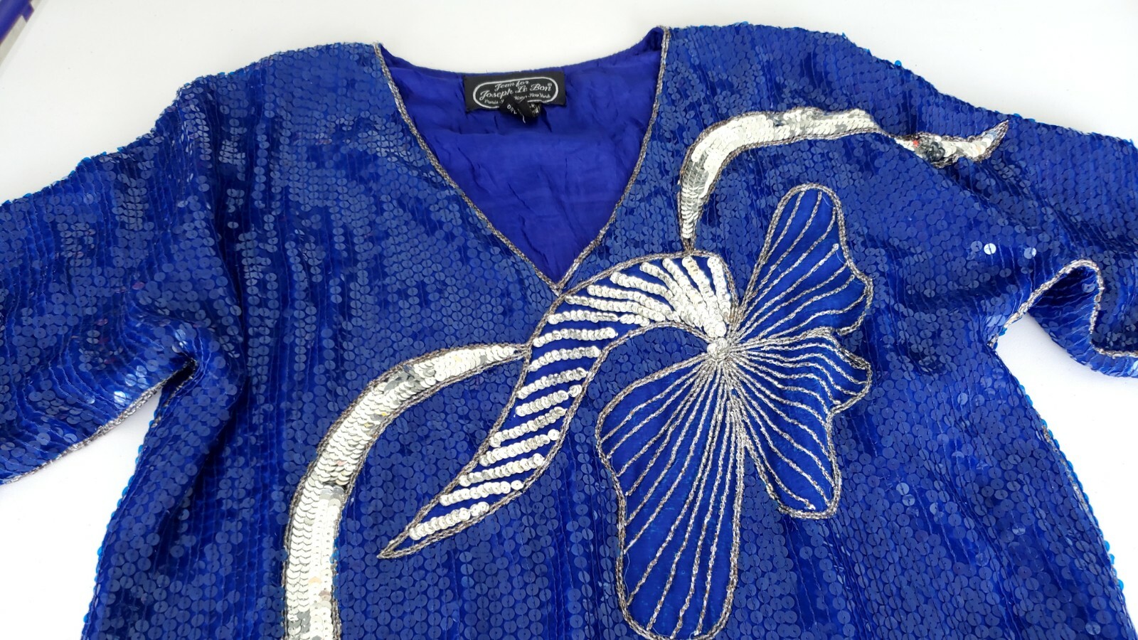 Vintage JEAN For JOSEPH LE BON Women’s Dressy Silk Top Blue & Silver Sequins M