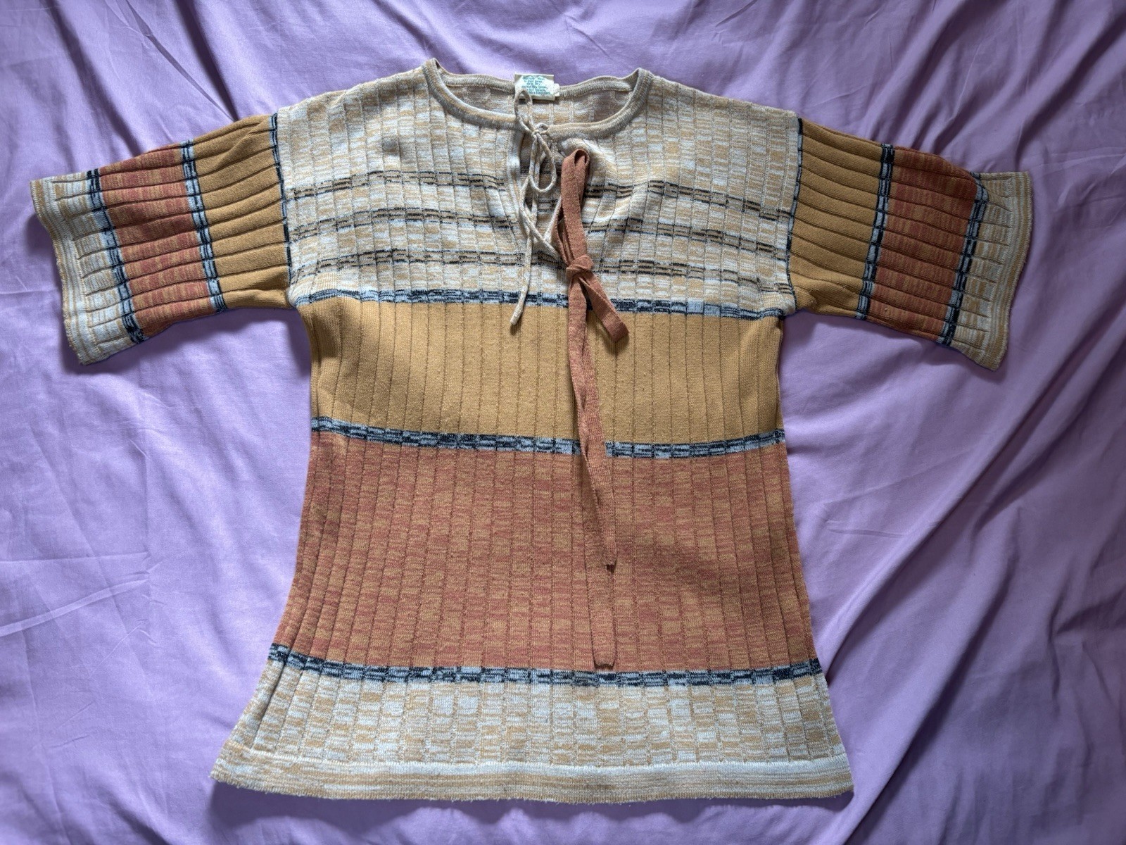 Vintage 70s Helen Sue Ribbed Striped Shirt Womens 14 Brown Acrylic Tie Korea