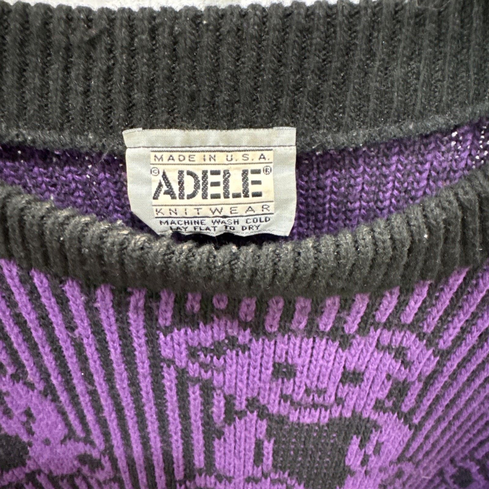 Vintage 1980s Adele Knitwear Teddy Bear Sweater Purple & Black Made in USA