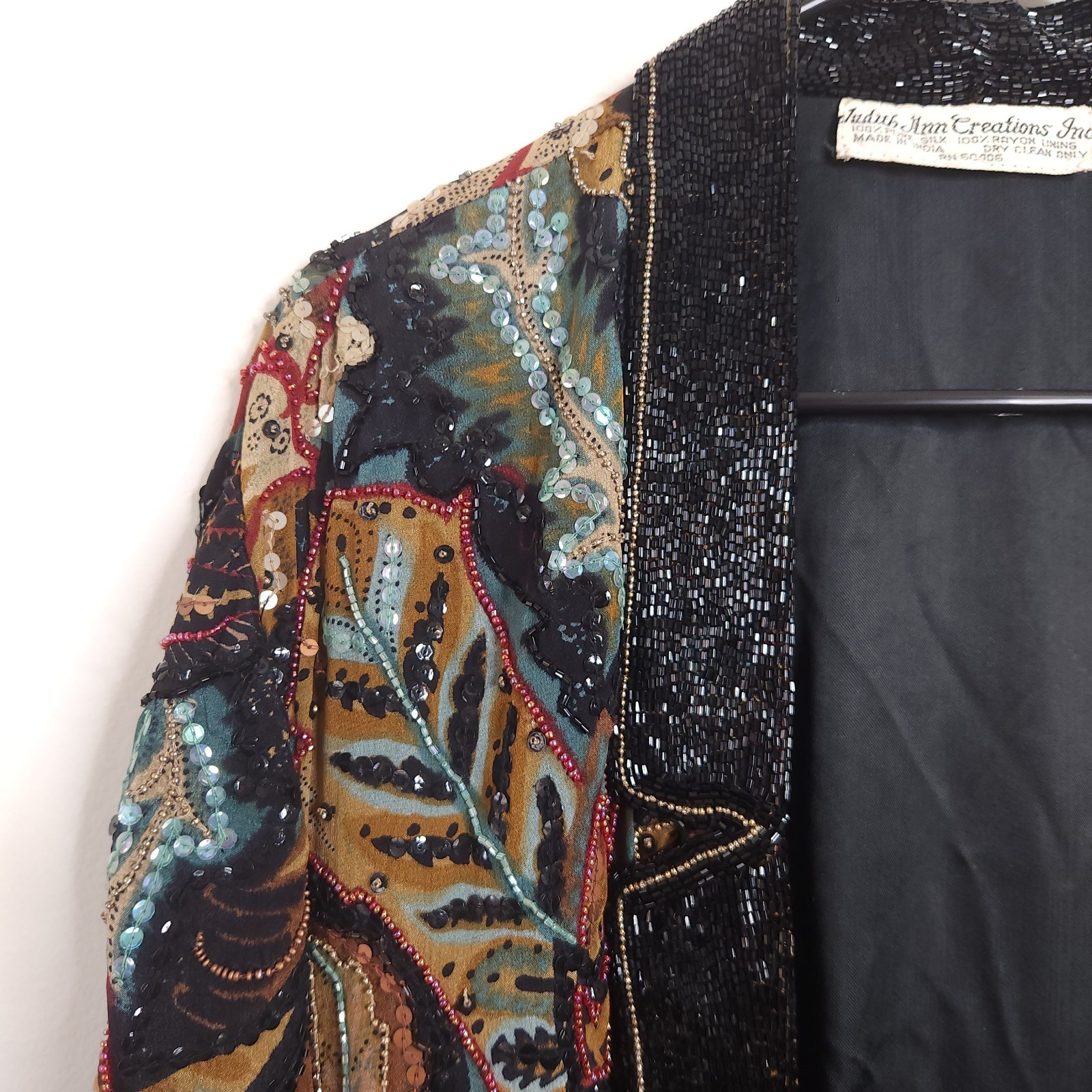 Vintage Judith Ann Creations Sequin Beaded Silk Jacket Floral Leaf Design