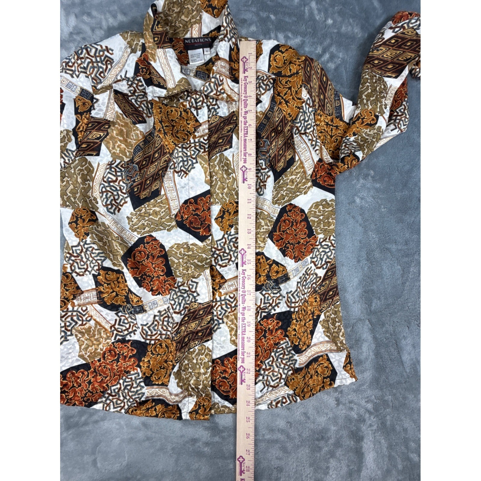 Vintage Notations Petite Baroque Geometric Secretary Blouse Gold Rust Black 8P