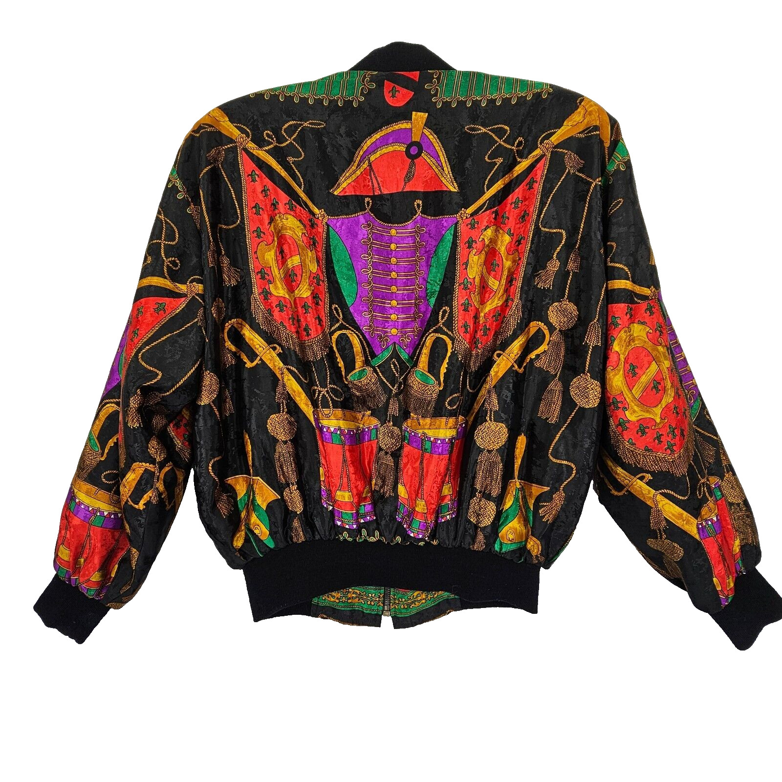 VTG Metro High Fashion Jacket Women L Colorful Full Zip Shoulder Pads Satiny Y2K