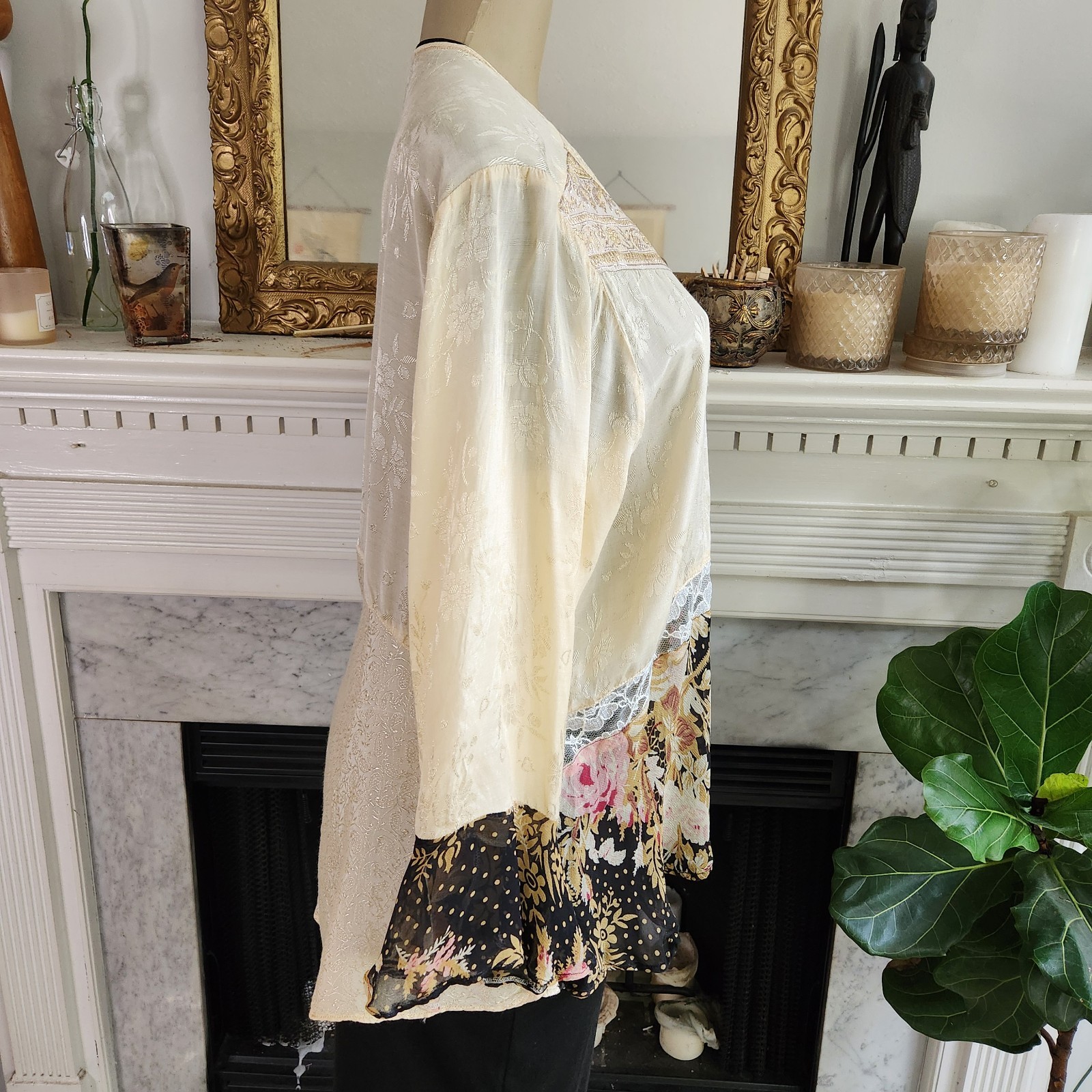 Vtg 80s Beige Patchwork Cardigan Sz 1X Jacket Jacquard Floral Boho Hippy Lace