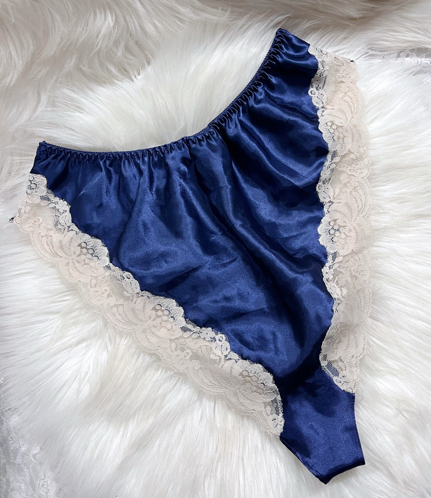 Vintage 80s Victorias Secret Satin Silky Lace Soft High Cut Dark Blue Panties M