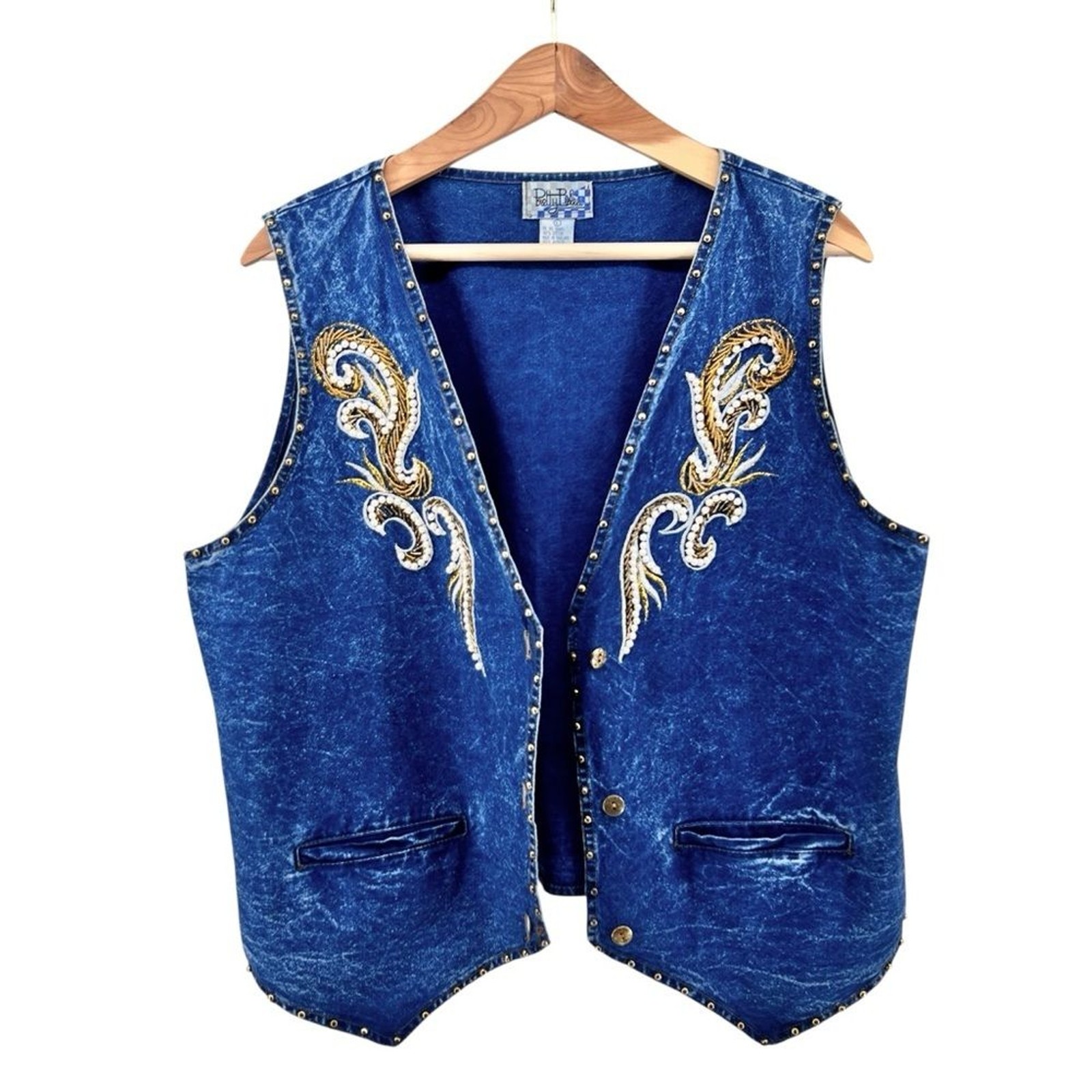Vtg Pretty Bleu Gold Embellished Western Denim Jean Vest Sz L Beaded Embroidery